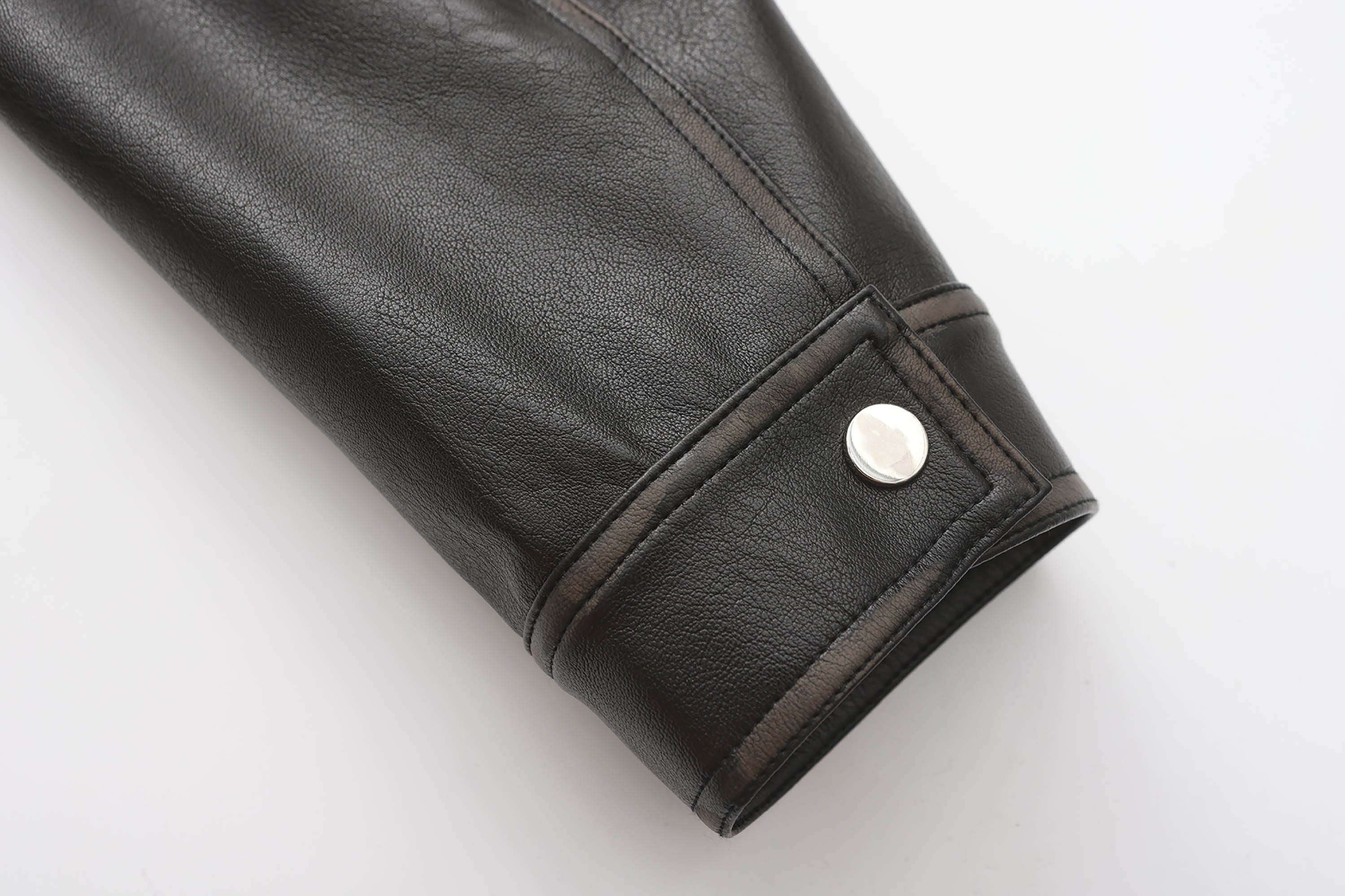 BLACK8MOB Distressed Graphics Faded Studded Leather Jacket, premium urban and streetwear designers apparel on PROJECTISR.com, BLACK8MOB