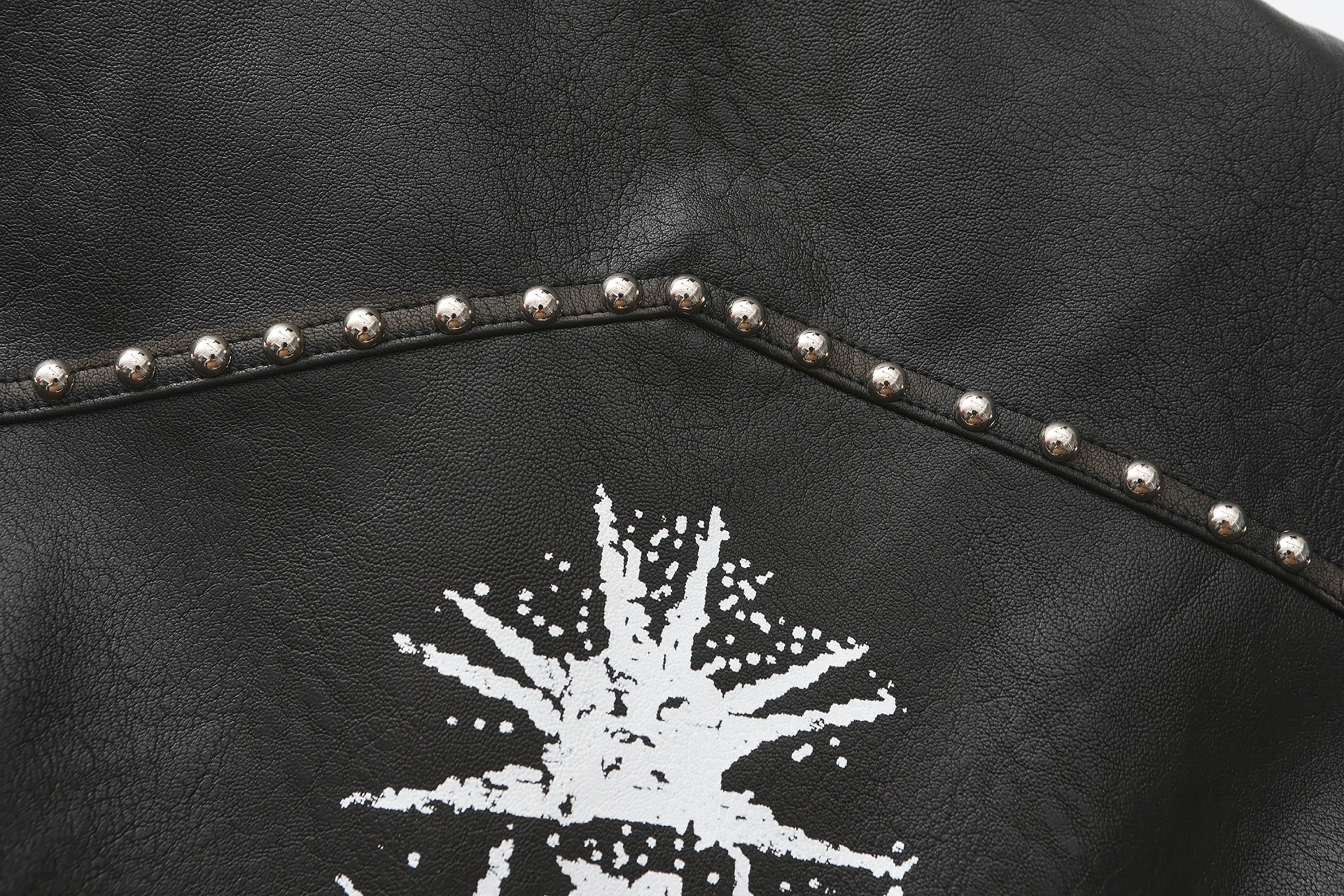 BLACK8MOB Distressed Graphics Faded Studded Leather Jacket, premium urban and streetwear designers apparel on PROJECTISR.com, BLACK8MOB