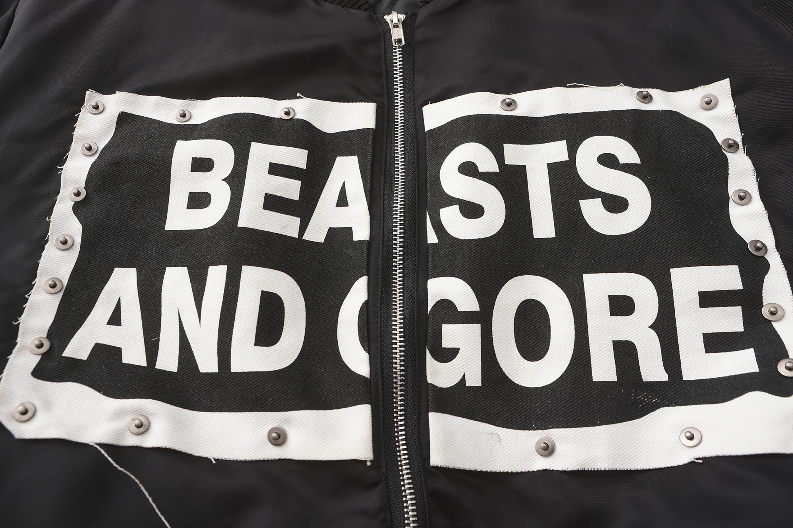 BLACK8MOB Studded Patchwork Bomber Jacket, premium urban and streetwear designers apparel on PROJECTISR.com, BLACK8MOB