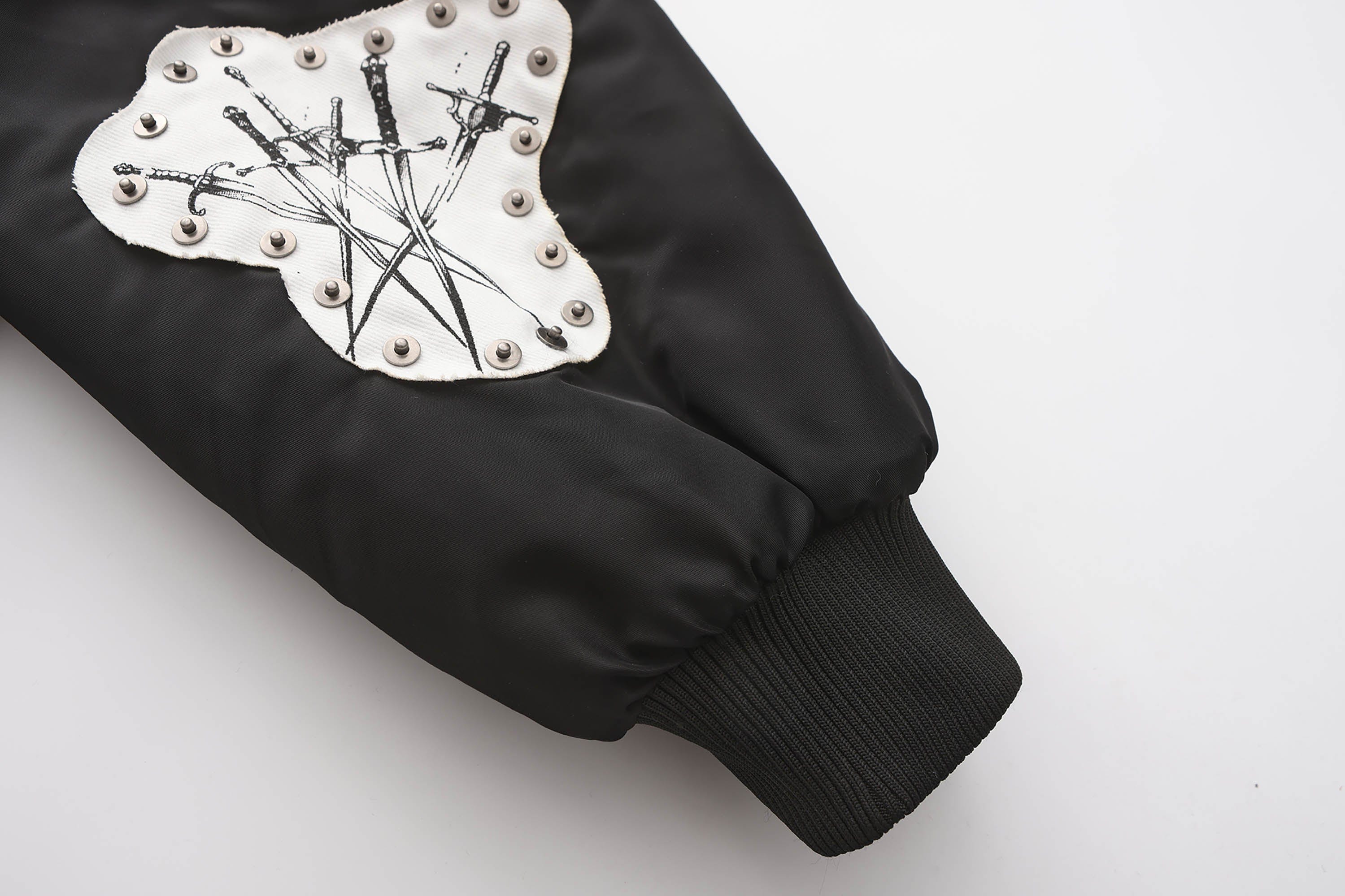 BLACK8MOB Studded Patchwork Bomber Jacket, premium urban and streetwear designers apparel on PROJECTISR.com, BLACK8MOB