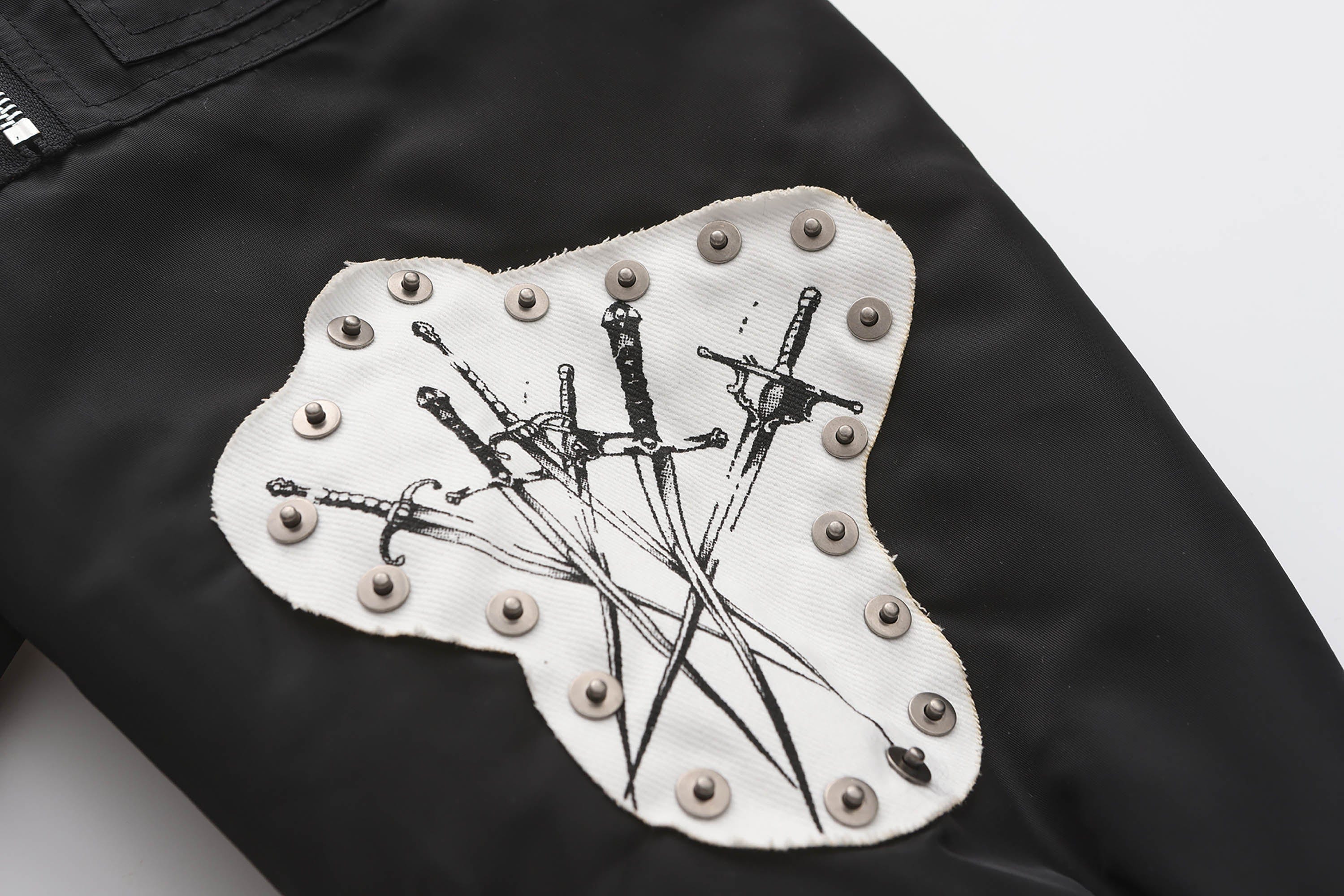 BLACK8MOB Studded Patchwork Bomber Jacket, premium urban and streetwear designers apparel on PROJECTISR.com, BLACK8MOB