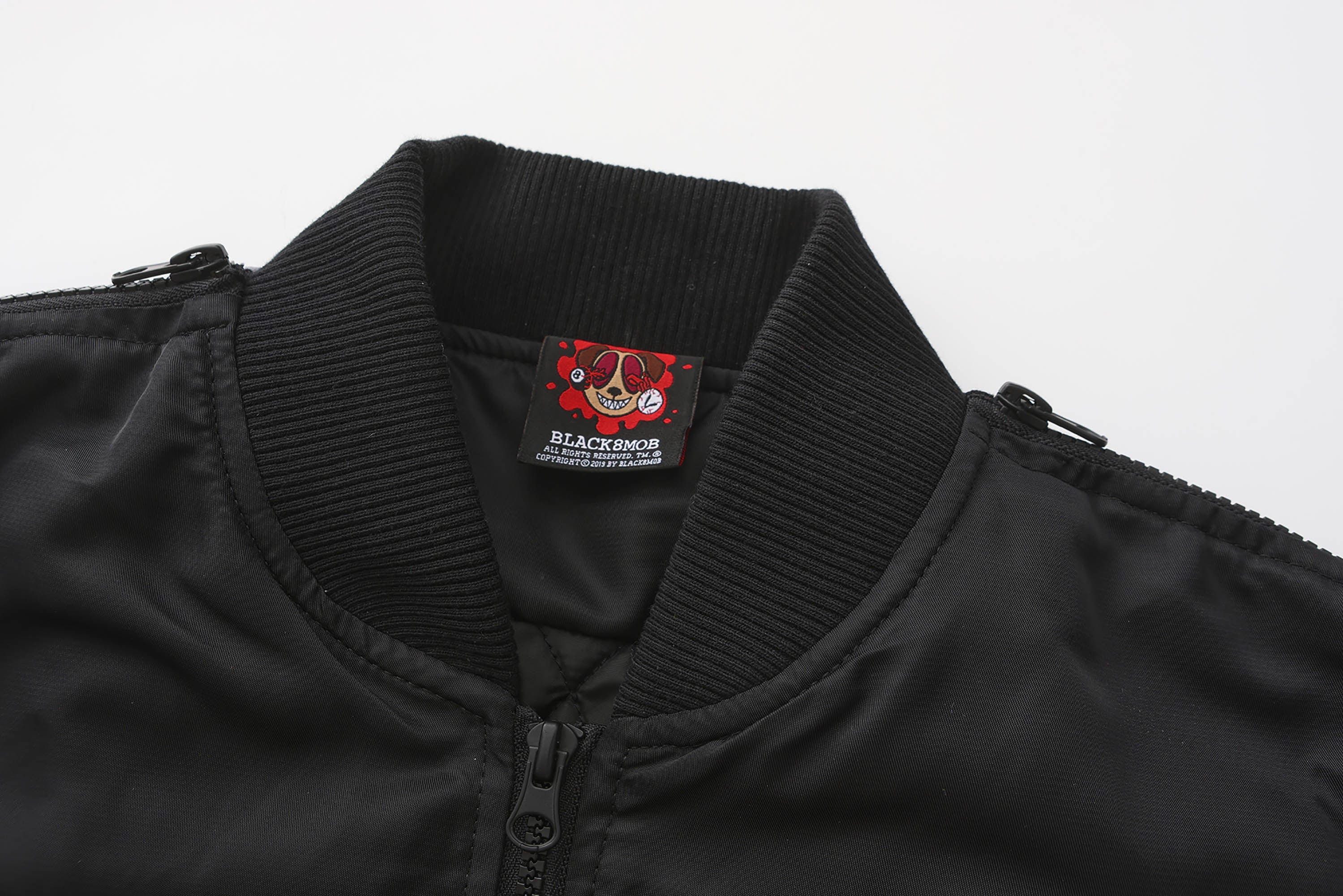 BLACK8MOB Retro Distressed Camo Panel Bomber Jacket, premium urban and streetwear designers apparel on PROJECTISR.com, BLACK8MOB