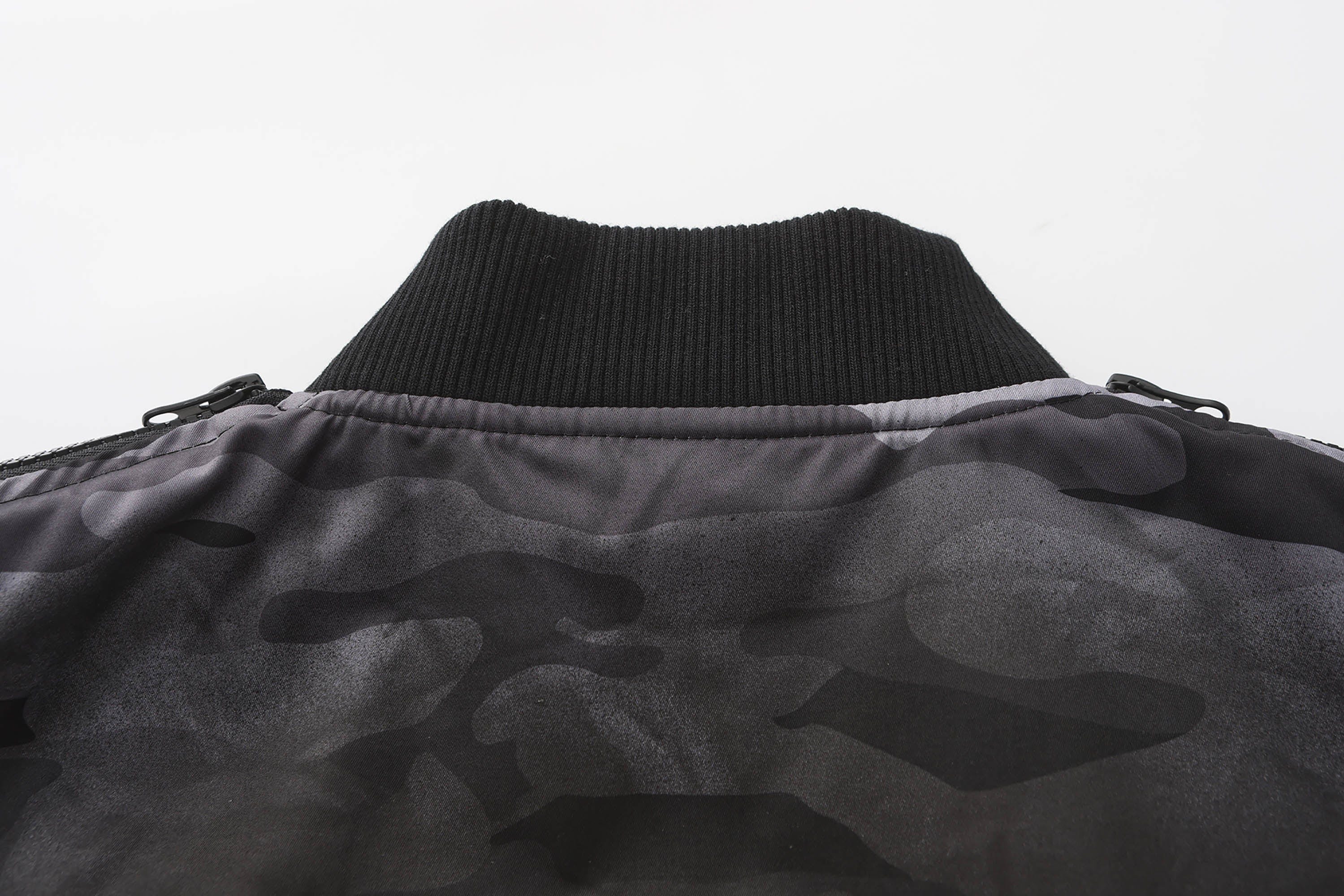 BLACK8MOB Retro Distressed Camo Panel Bomber Jacket, premium urban and streetwear designers apparel on PROJECTISR.com, BLACK8MOB
