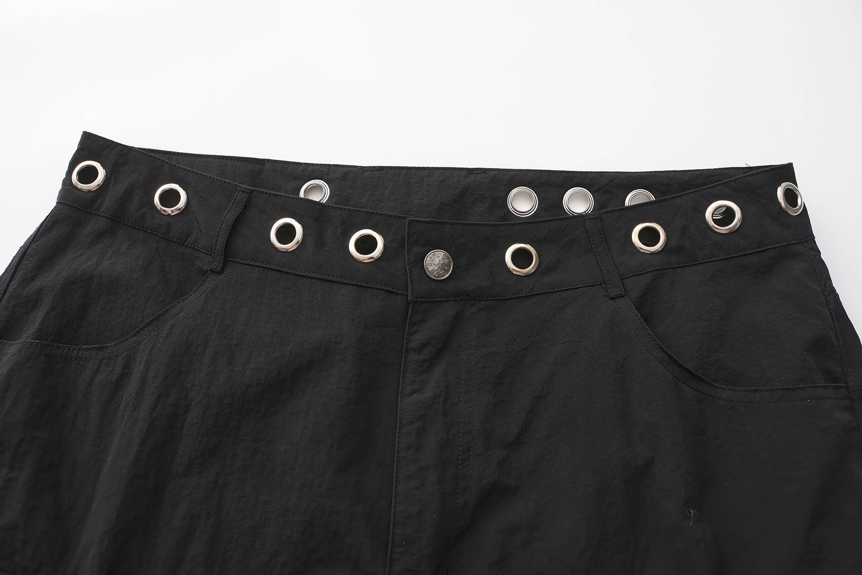 BLACK8MOB Eyelet Waist Tie Multi-Pocket Parachute Pants, premium urban and streetwear designers apparel on PROJECTISR.com, BLACK8MOB