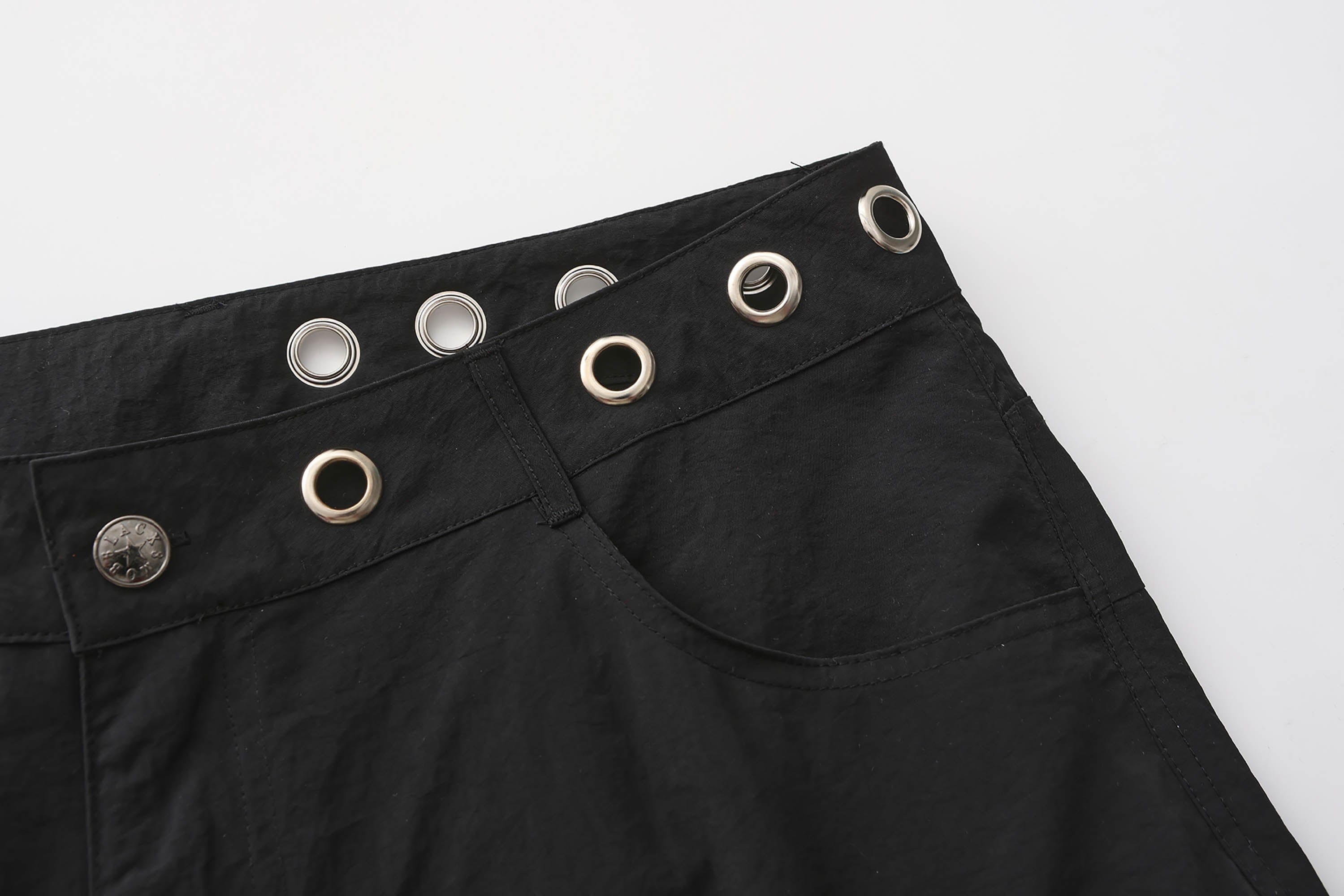 BLACK8MOB Eyelet Waist Tie Multi-Pocket Parachute Pants, premium urban and streetwear designers apparel on PROJECTISR.com, BLACK8MOB