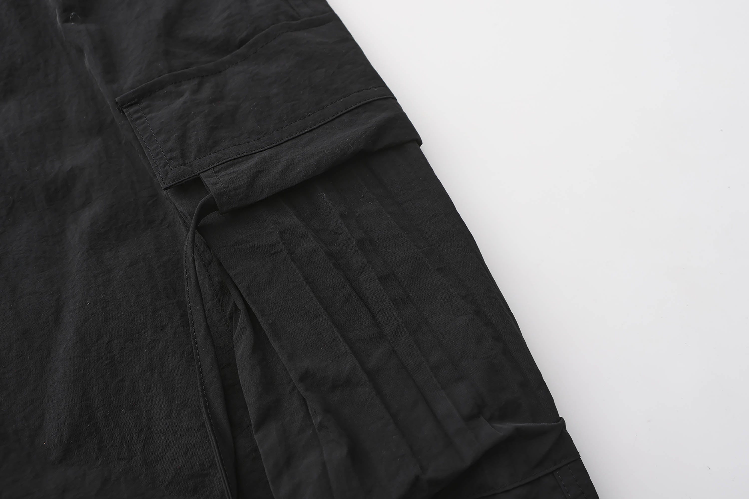BLACK8MOB Eyelet Waist Tie Multi-Pocket Parachute Pants, premium urban and streetwear designers apparel on PROJECTISR.com, BLACK8MOB