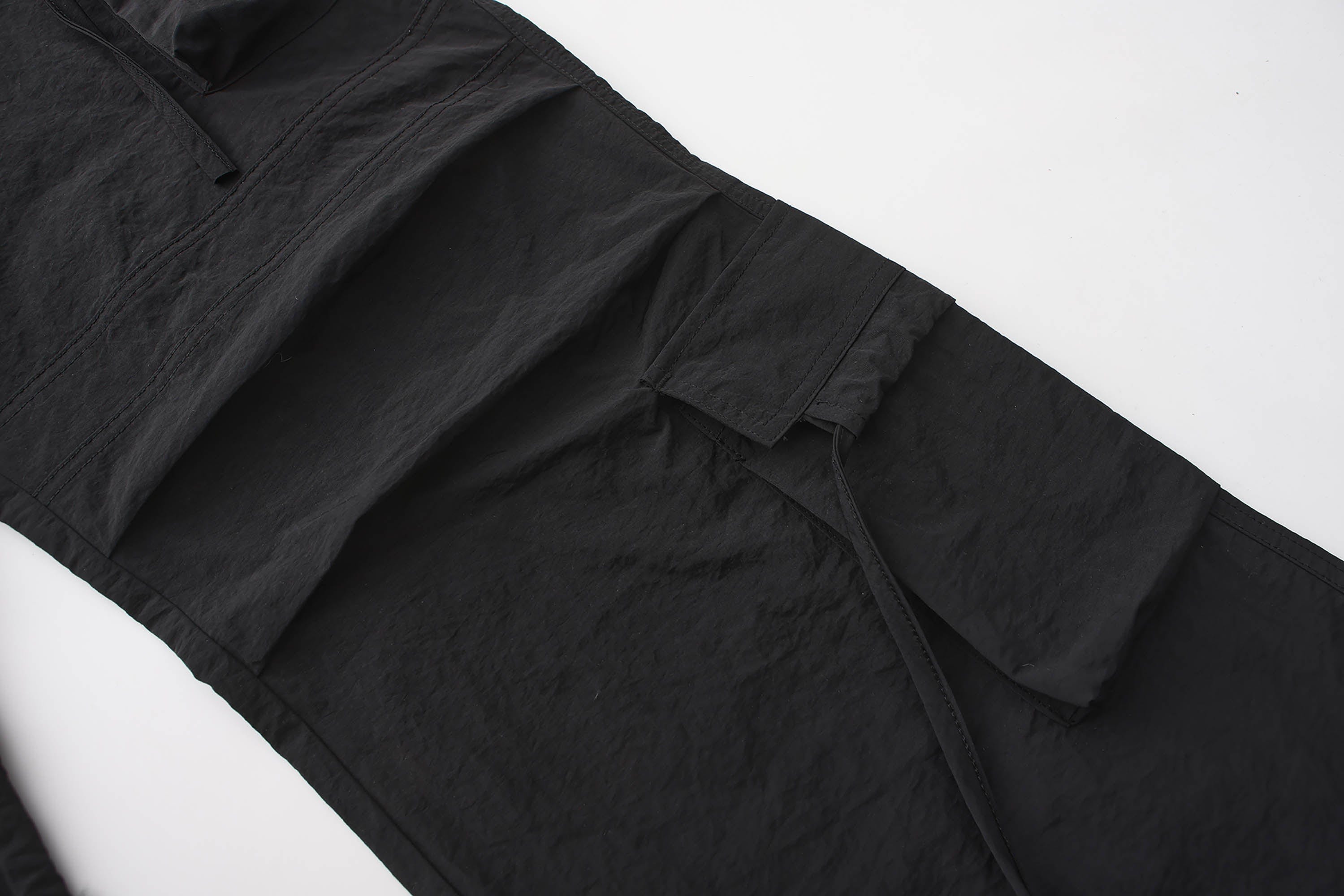 BLACK8MOB Eyelet Waist Tie Multi-Pocket Parachute Pants, premium urban and streetwear designers apparel on PROJECTISR.com, BLACK8MOB