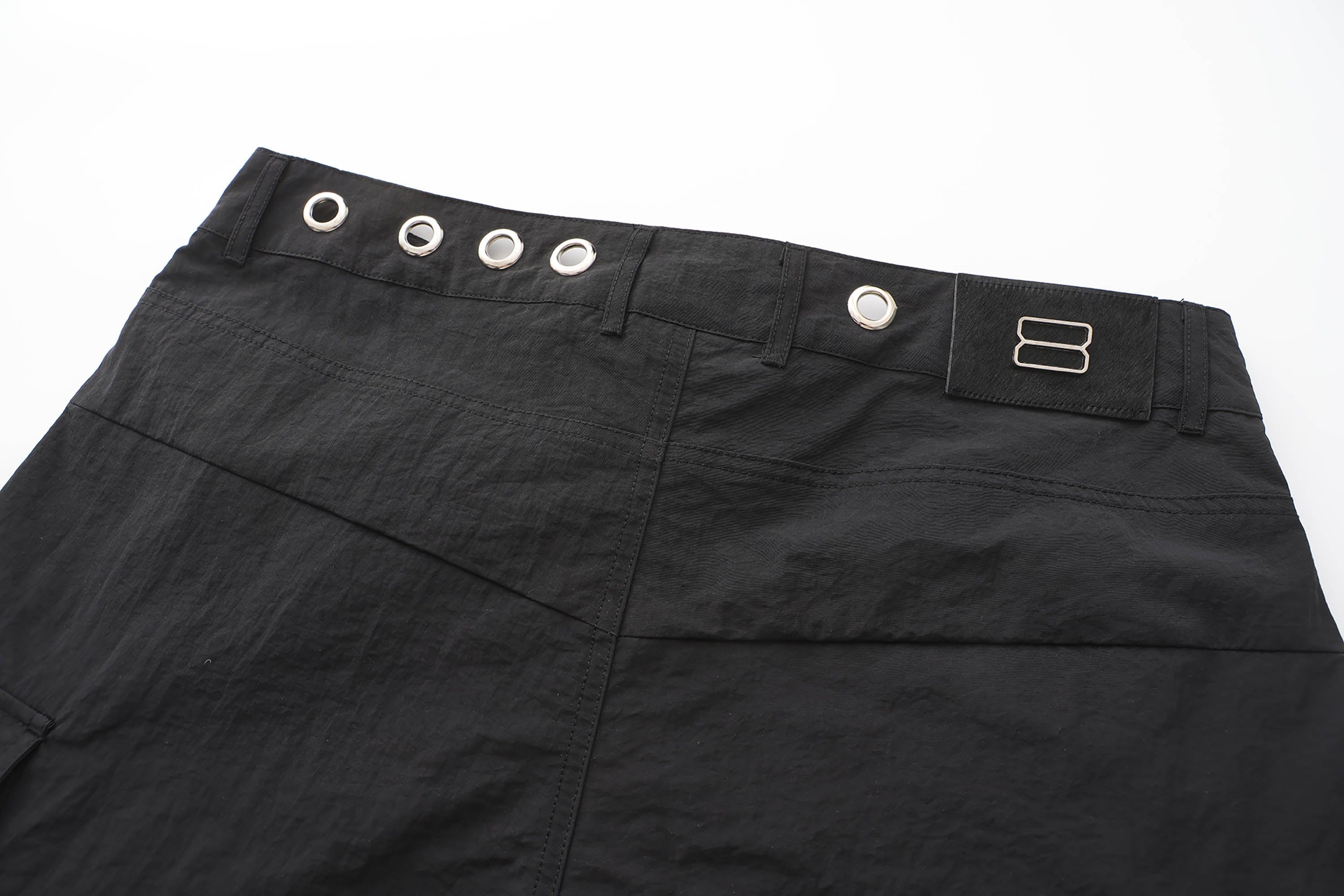 BLACK8MOB Eyelet Waist Tie Multi-Pocket Parachute Pants, premium urban and streetwear designers apparel on PROJECTISR.com, BLACK8MOB