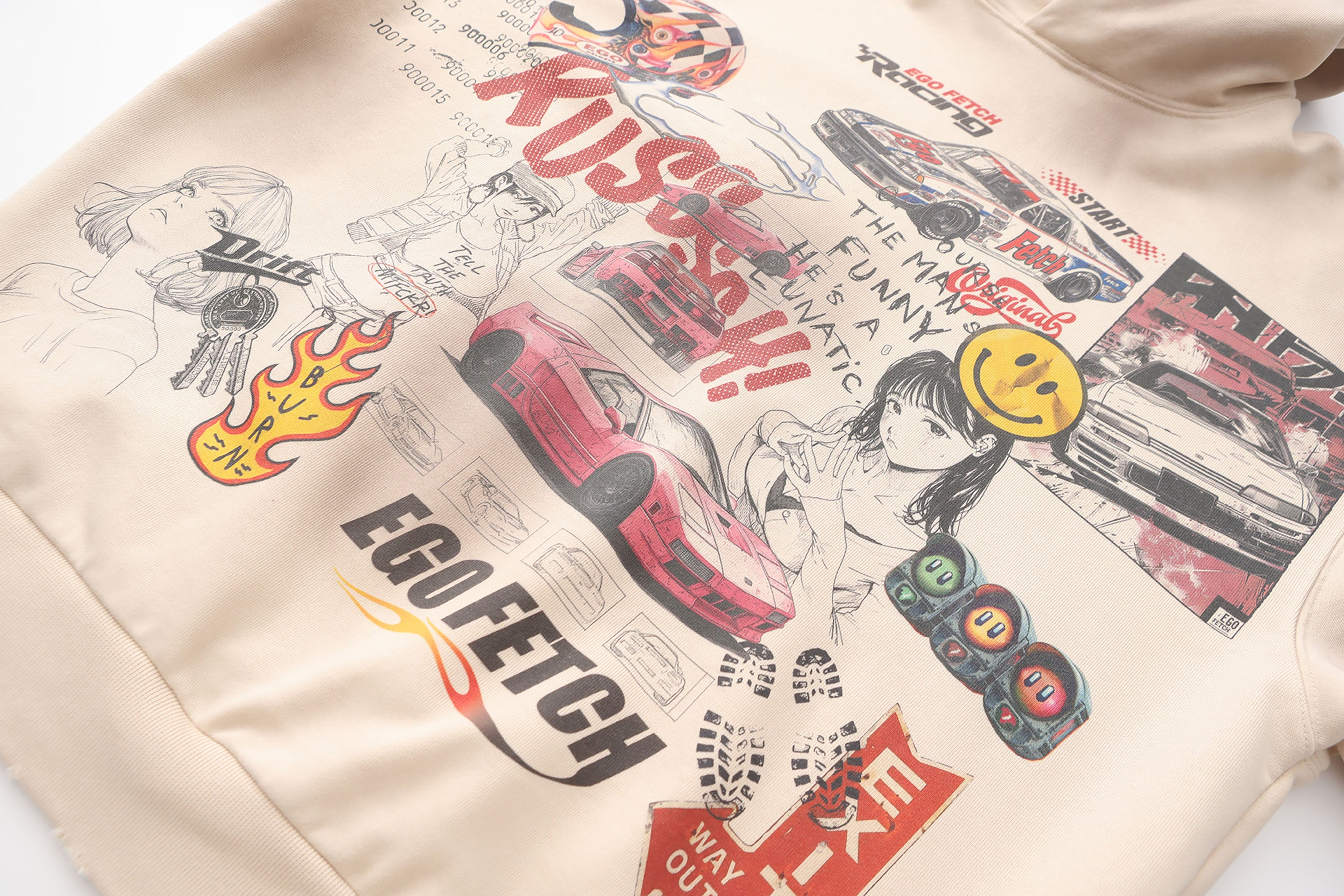EGOFETCH Distressed Racing Anime Graphic Hoodie