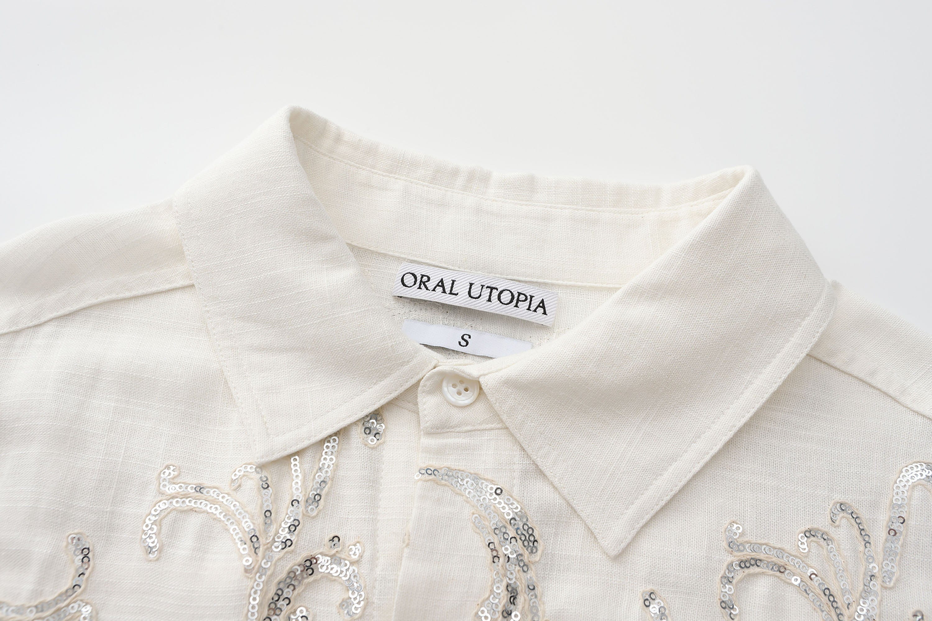 ORAL UTOPIA Ornate Sequin Embroidered Linen-Blended Tie Shirt, premium urban and streetwear designers apparel on PROJECTISR.com, ORAL UTOPIA