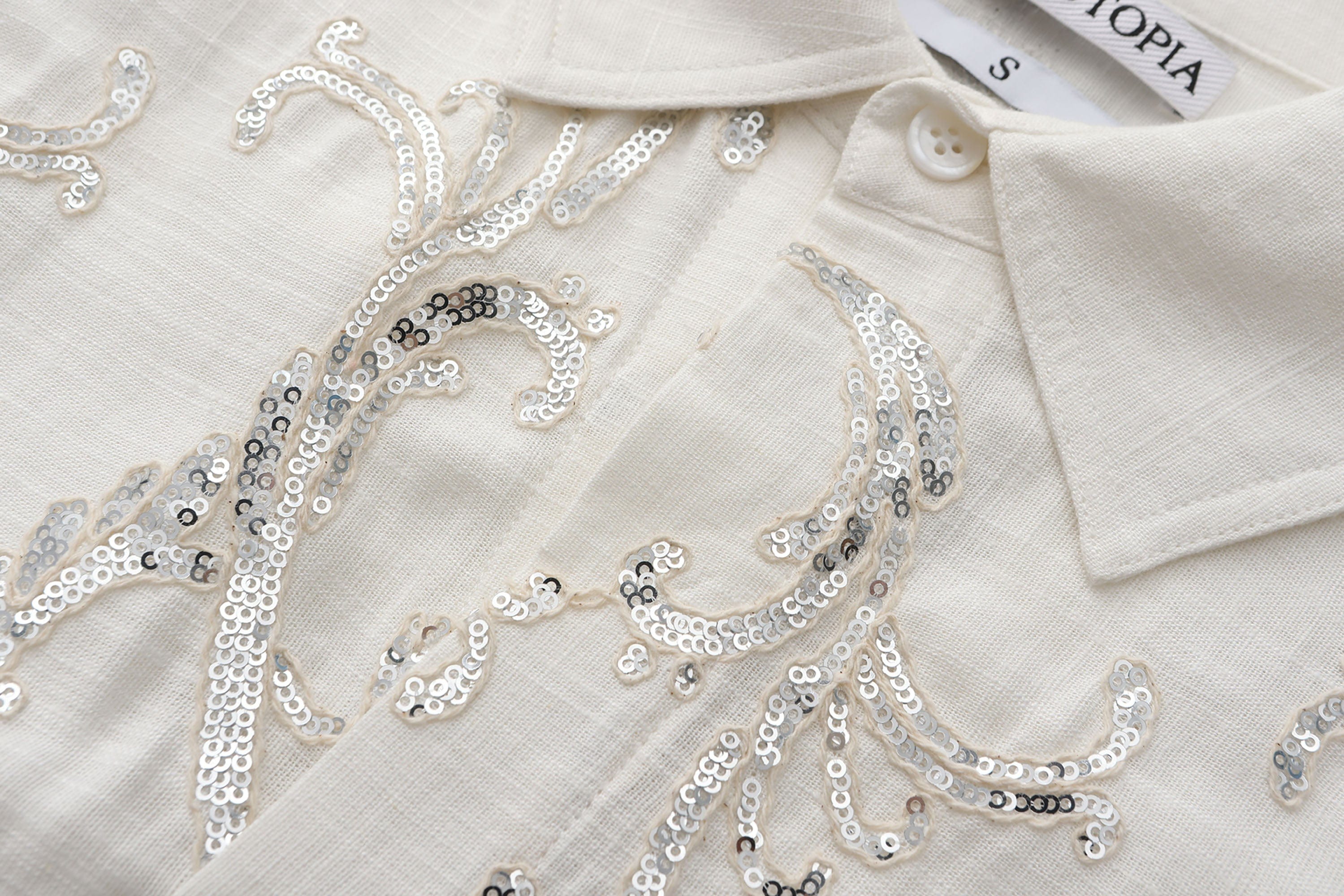 ORAL UTOPIA Ornate Sequin Embroidered Linen-Blended Tie Shirt, premium urban and streetwear designers apparel on PROJECTISR.com, ORAL UTOPIA