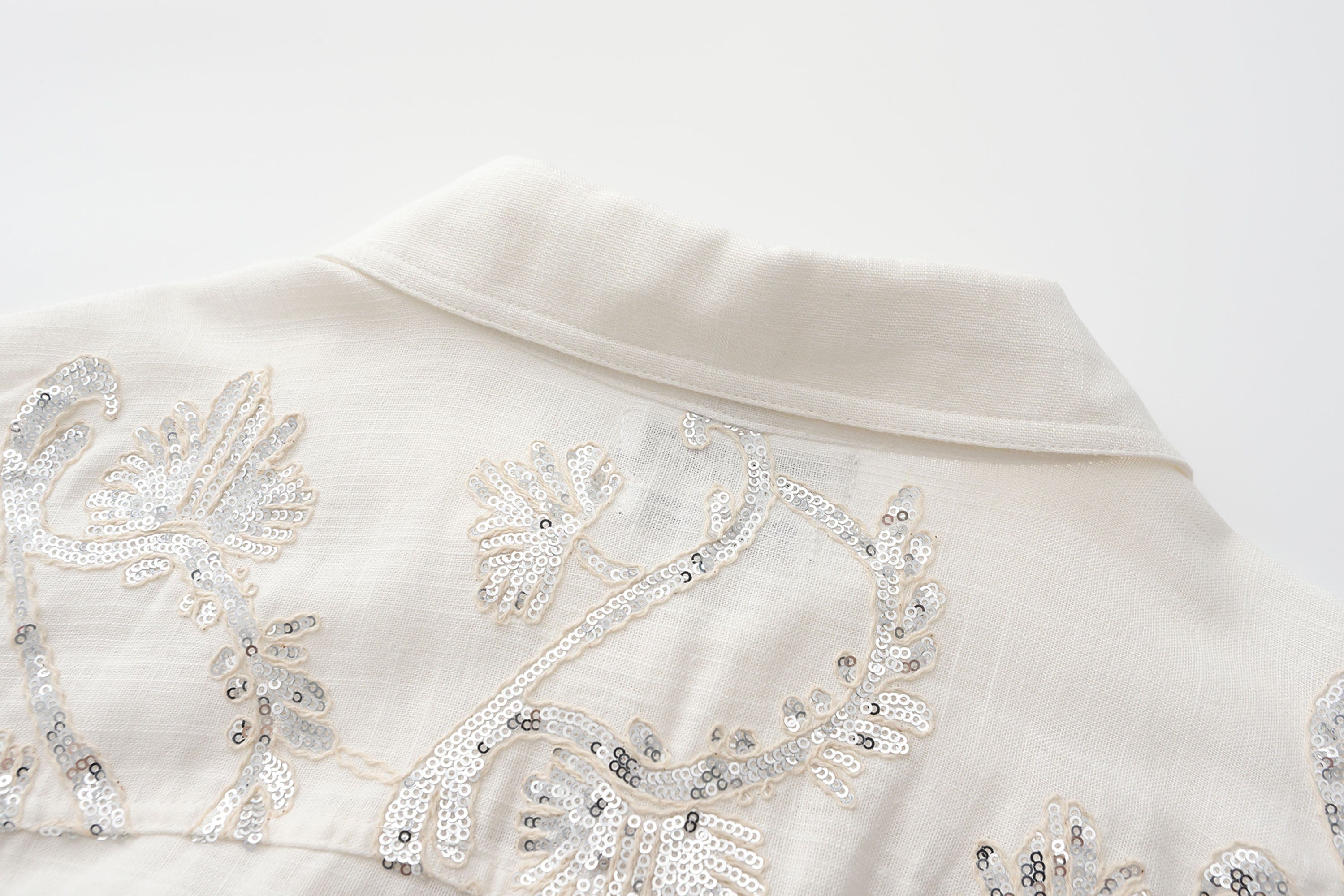 ORAL UTOPIA Ornate Sequin Embroidered Linen-Blended Tie Shirt, premium urban and streetwear designers apparel on PROJECTISR.com, ORAL UTOPIA