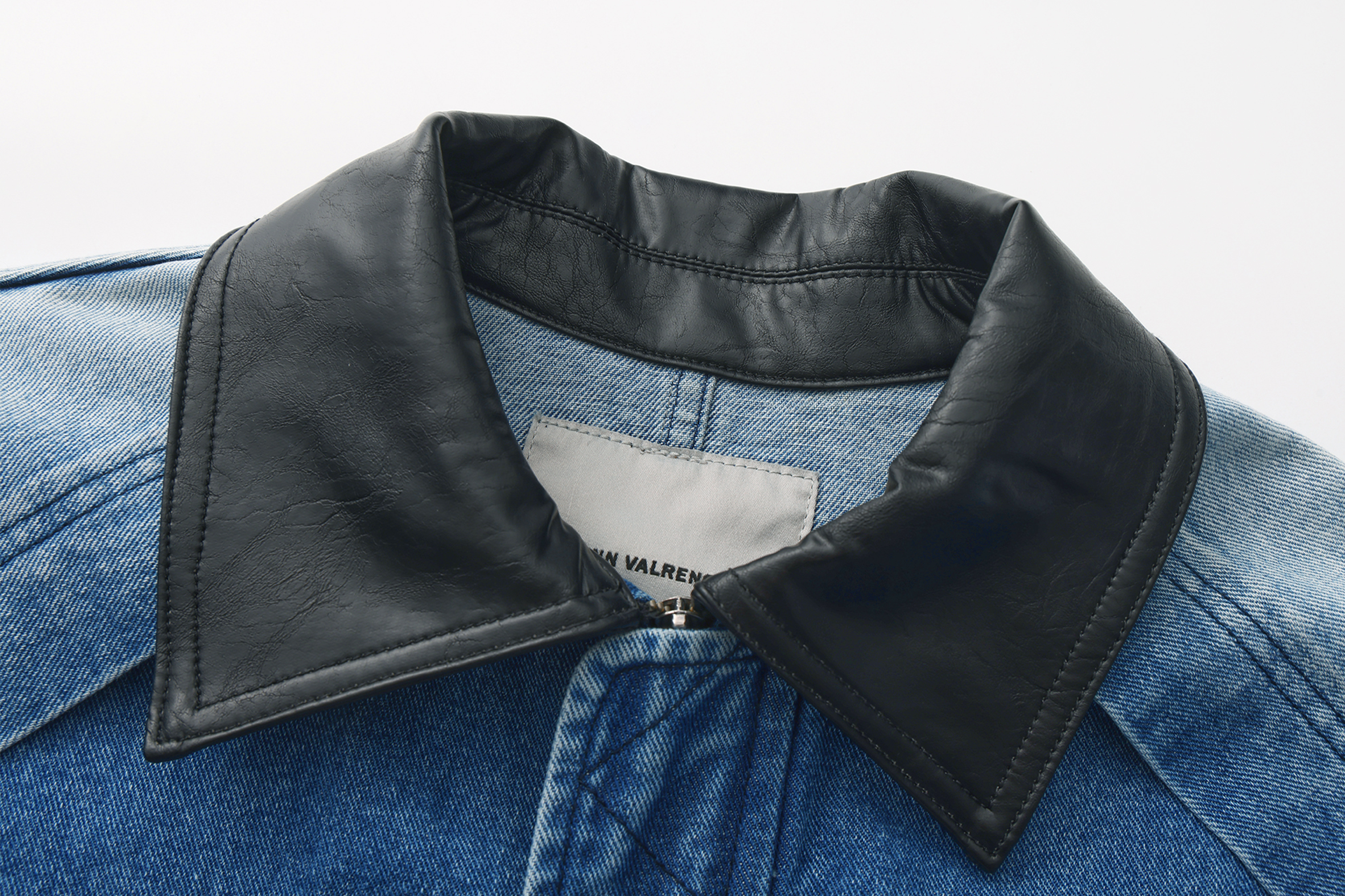 VANN VALRENCE Washed Contrast Faux-Leather Collar Denim Jacket