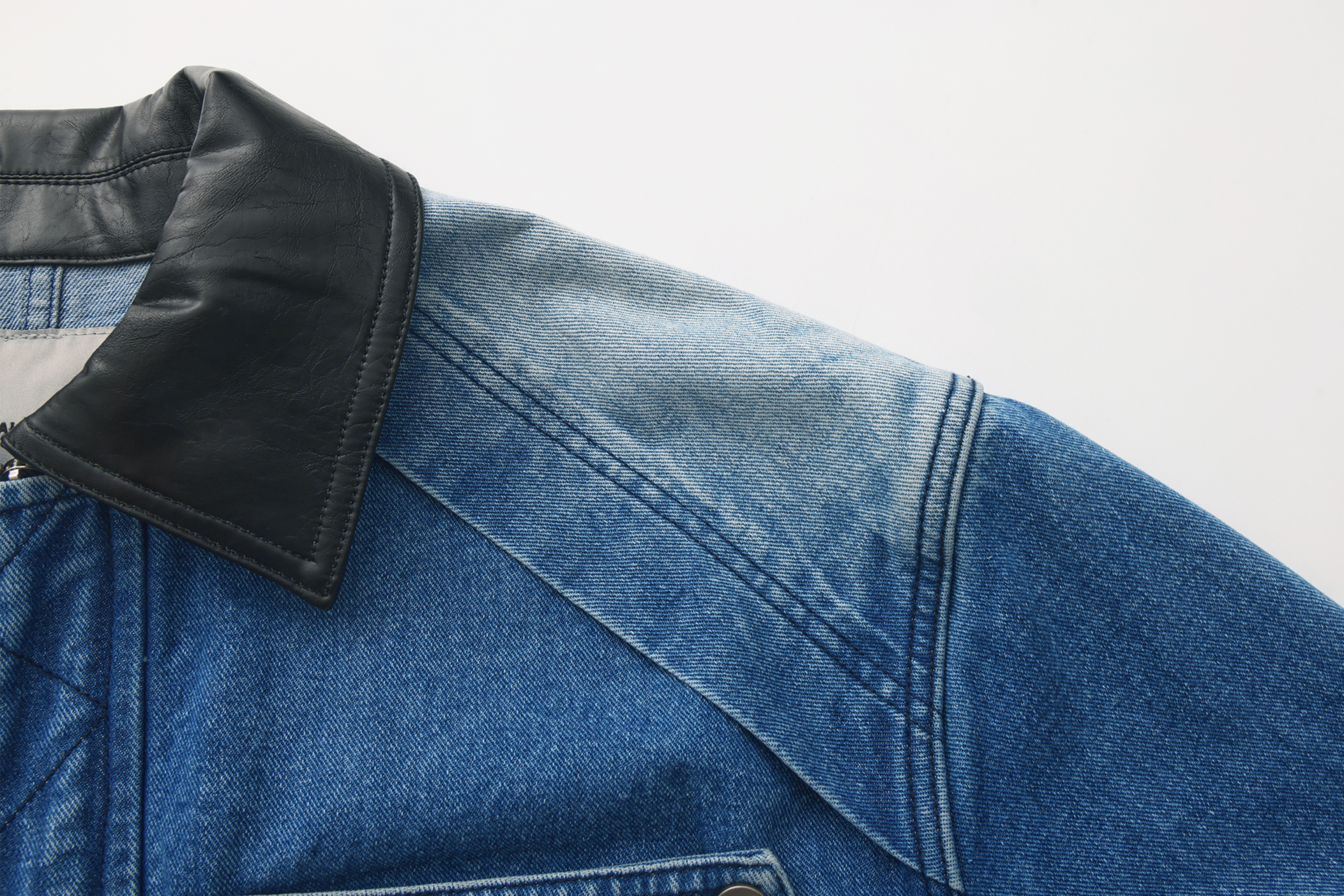 VANN VALRENCE Washed Contrast Faux-Leather Collar Denim Jacket