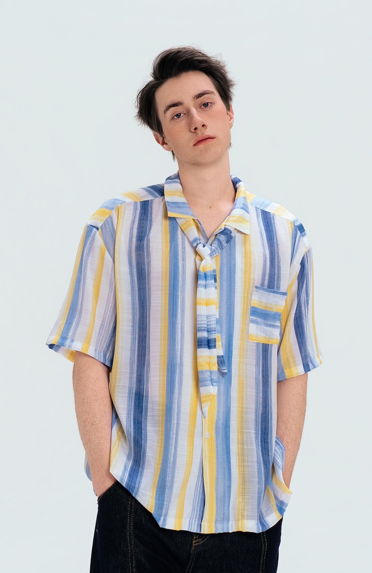 WIID Color-Block Striped Cuban Half Shirt, premium urban and streetwear designers apparel on PROJECTISR.com, WIID