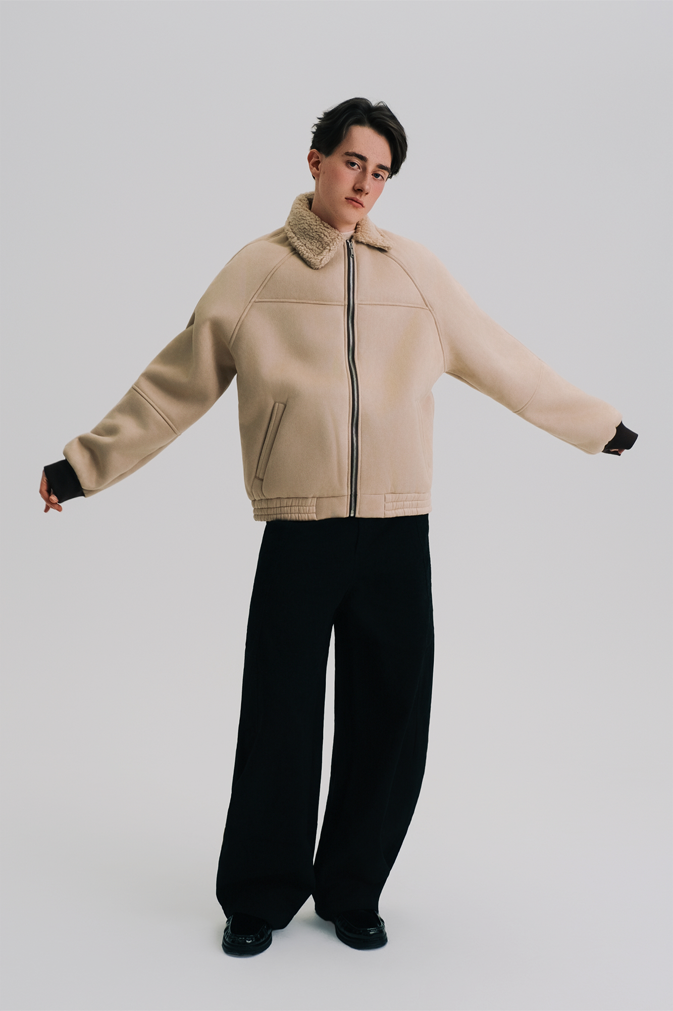 WIID Faux Suede Shearling-Collared Bomber Jacket