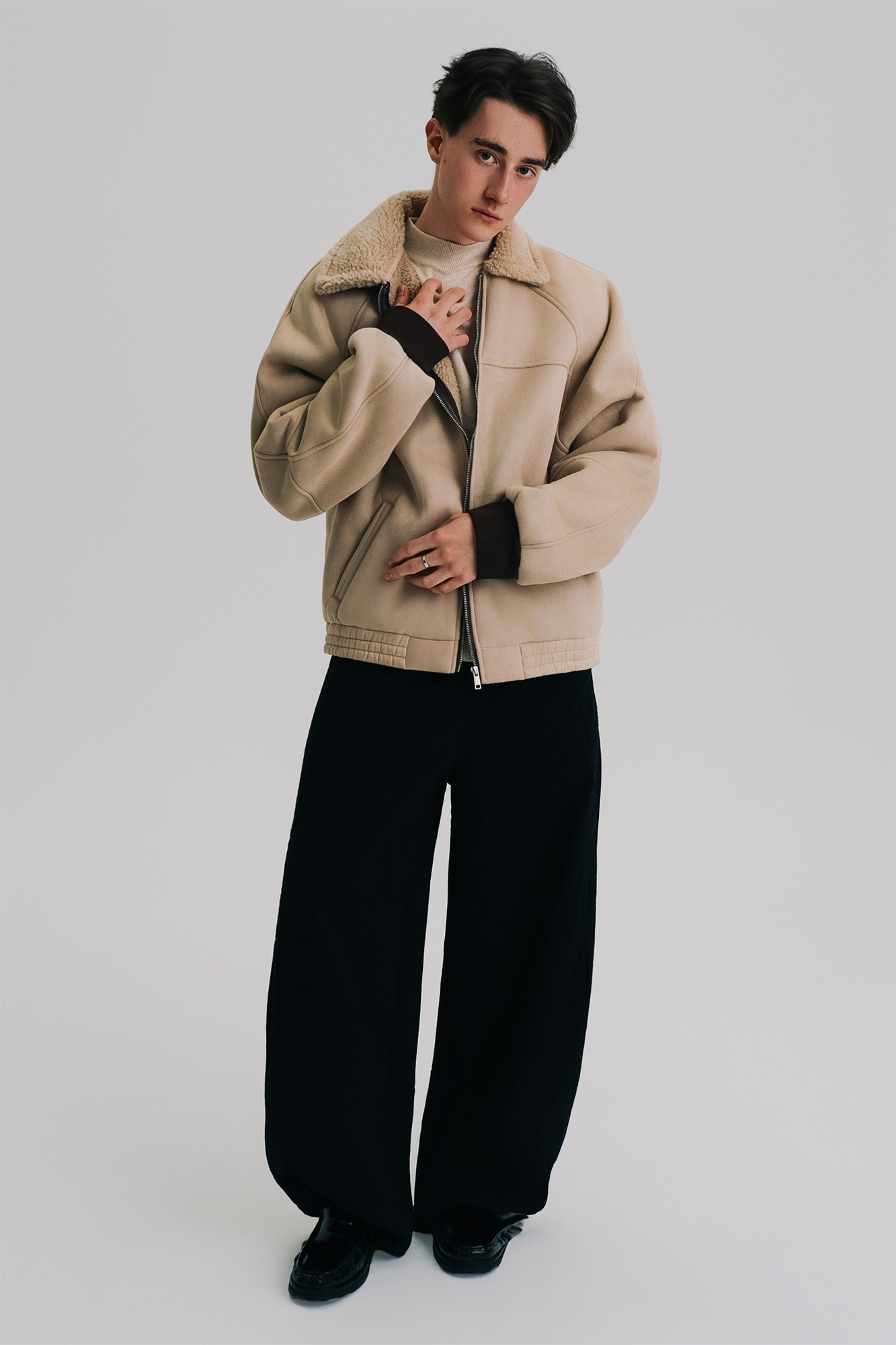 WIID Faux Suede Shearling-Collared Bomber Jacket
