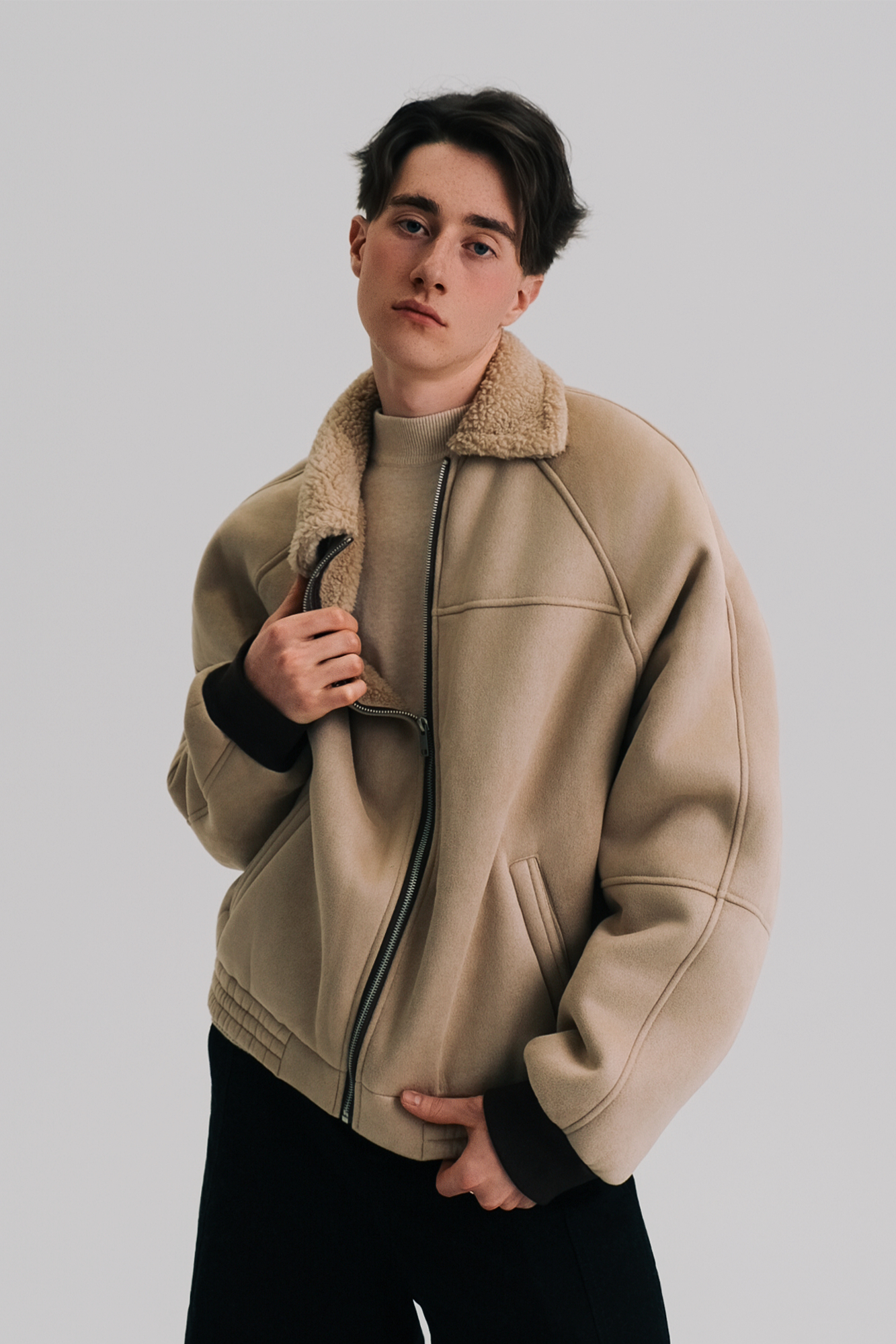 WIID Faux Suede Shearling-Collared Bomber Jacket