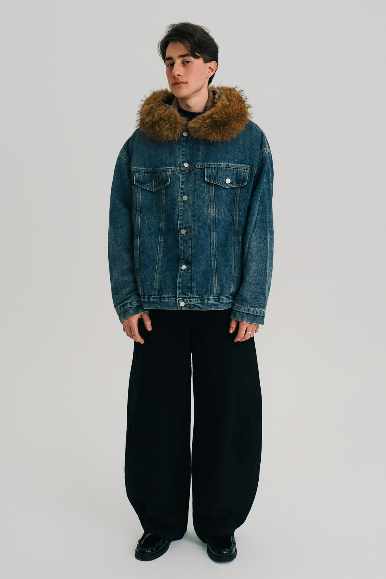 WIID Detachable Faux Fur-Collared Denim Jacket