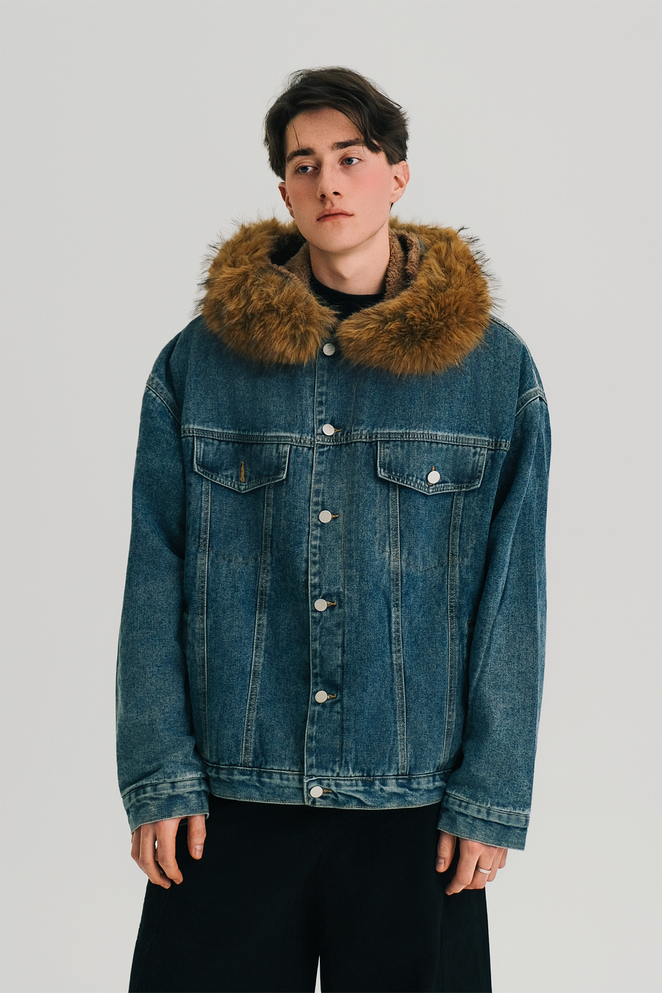 WIID Detachable Faux Fur-Collared Denim Jacket