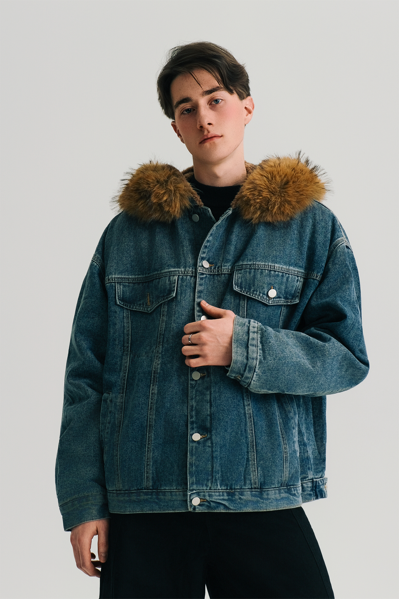 WIID Detachable Faux Fur-Collared Denim Jacket
