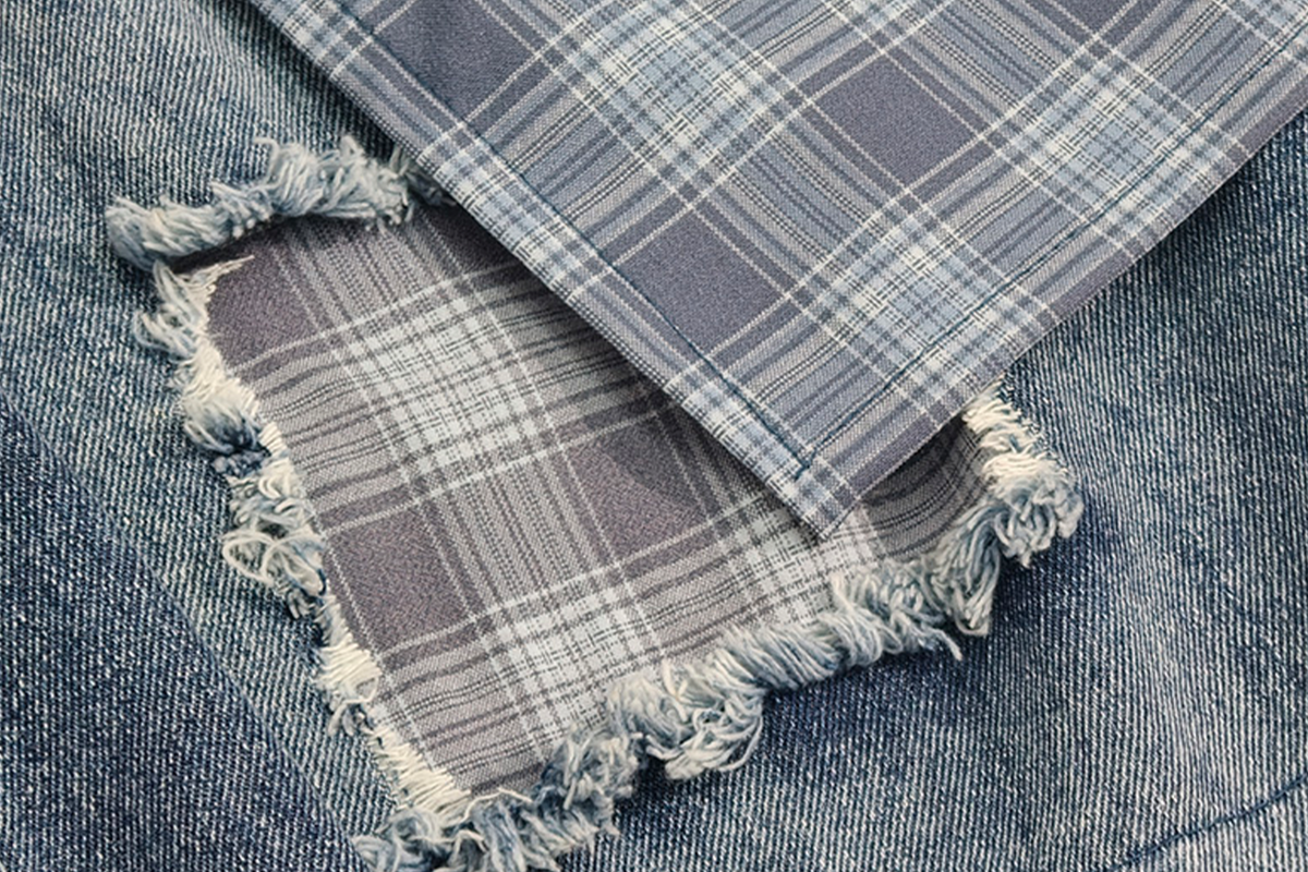 UUCSCC Distressed Layered Plaid Patch Wide-Leg Jeans