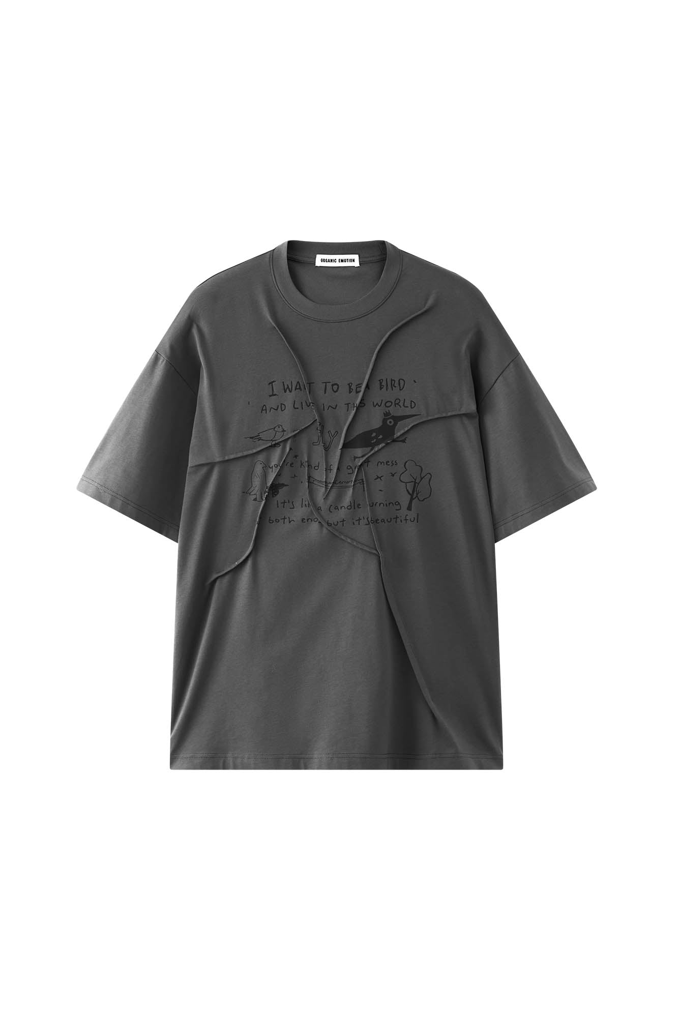 ORGANIC EMOTION Asymmetrical Pleated Script Graphic T-Shirt