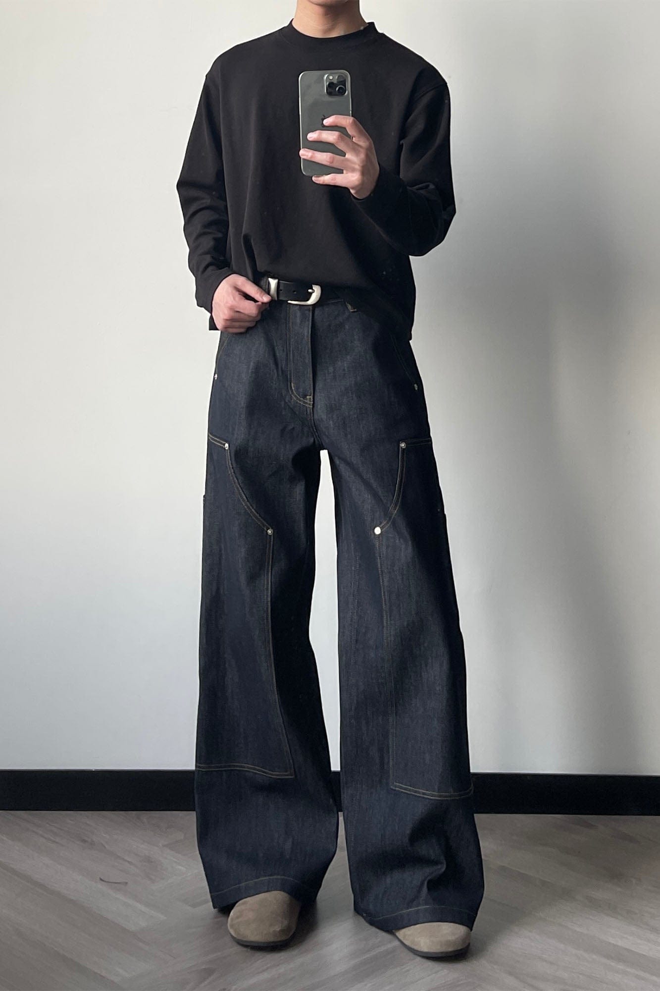 OKAYTHXBYE Paneled Double-Knee Wide-Leg Denim Pants, premium urban and streetwear designers apparel on PROJECTISR.com, OKAYTHXBYE