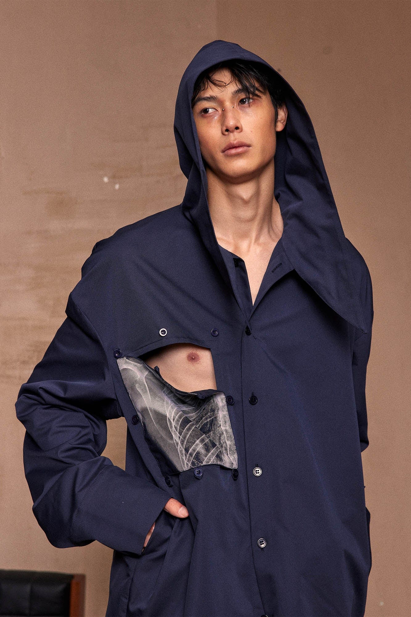 KADAKADA X-Ray Hooded Scarf Longline Shirt, premium urban and streetwear designers apparel on PROJECTISR.com, KADAKADA