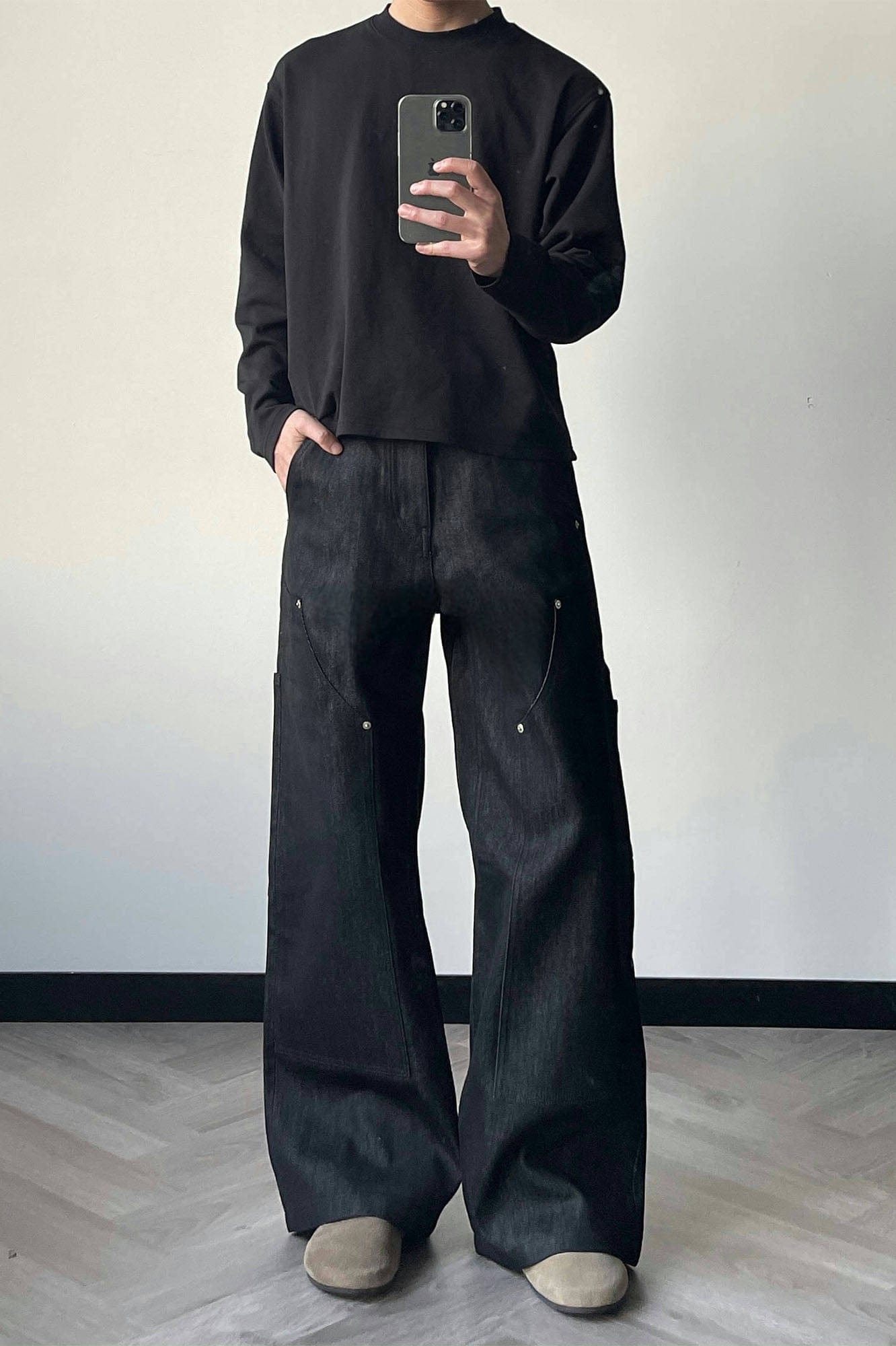 OKAYTHXBYE Paneled Double-Knee Wide-Leg Denim Pants, premium urban and streetwear designers apparel on PROJECTISR.com, OKAYTHXBYE