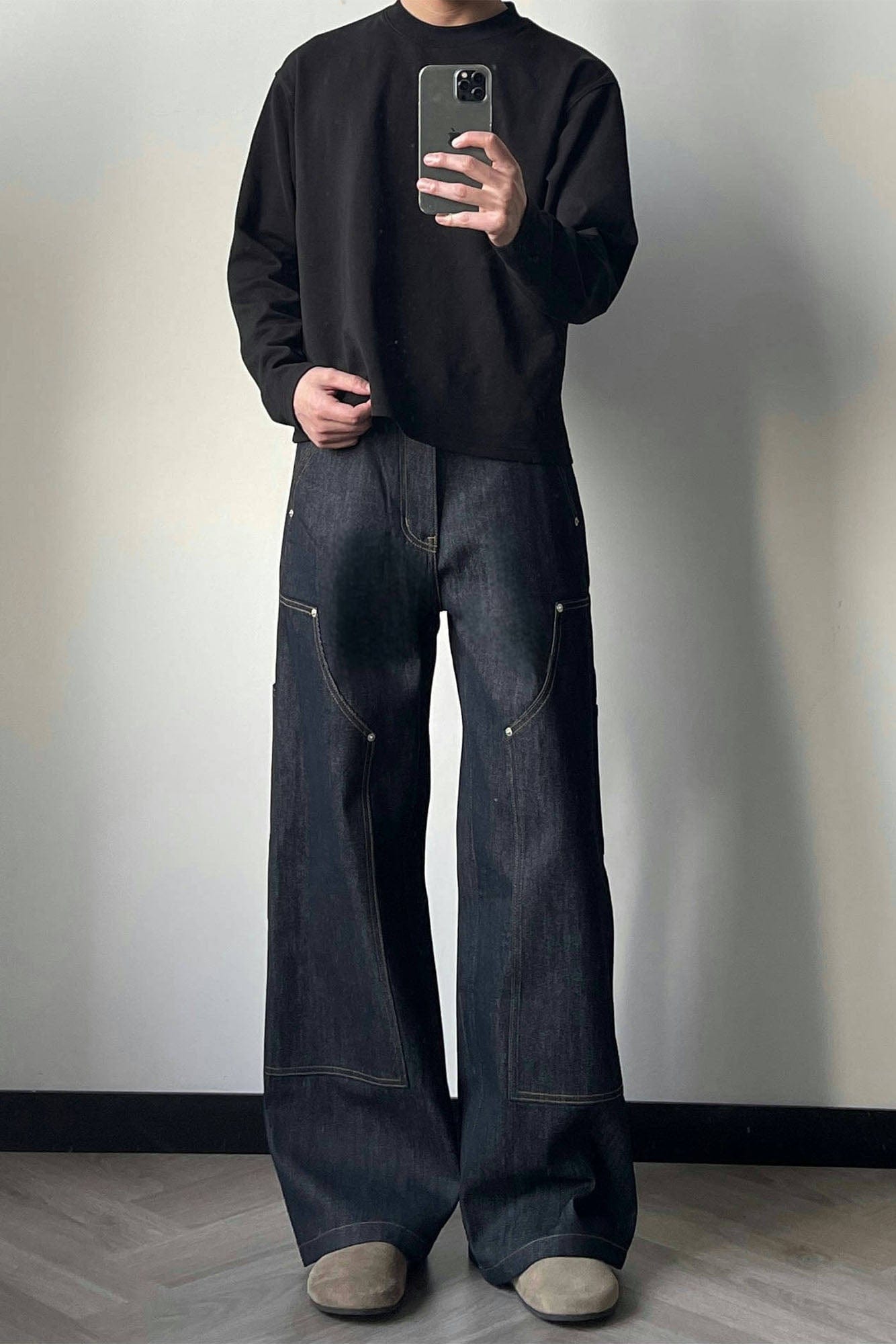 OKAYTHXBYE Paneled Double-Knee Wide-Leg Denim Pants, premium urban and streetwear designers apparel on PROJECTISR.com, OKAYTHXBYE