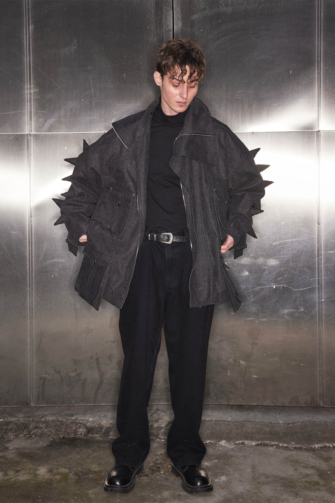 KADAKADA Spiked Multi-Pocket Denim Jacket, premium urban and streetwear designers apparel on PROJECTISR.com, KADAKADA