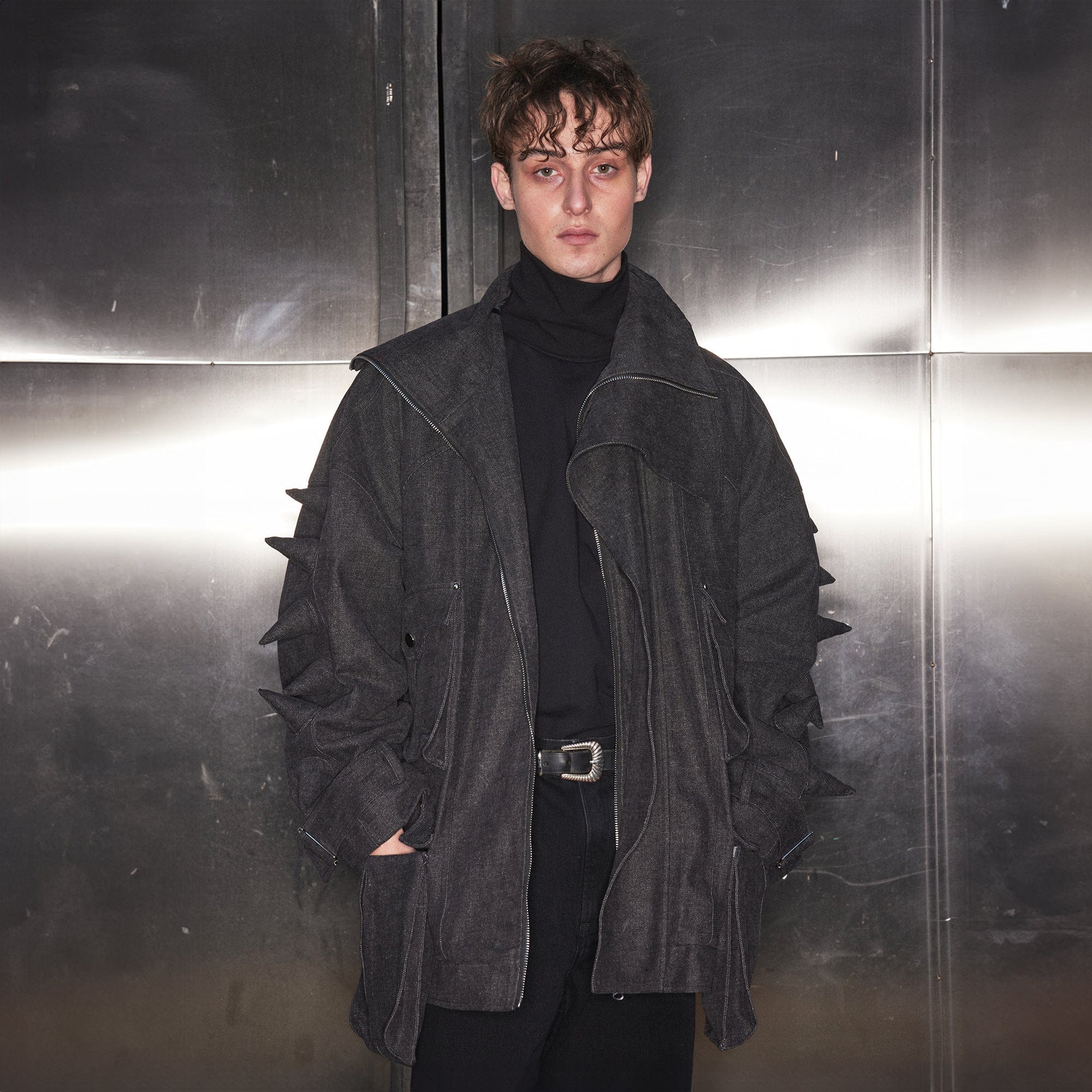 KADAKADA Spiked Multi-Pocket Denim Jacket, premium urban and streetwear designers apparel on PROJECTISR.com, KADAKADA