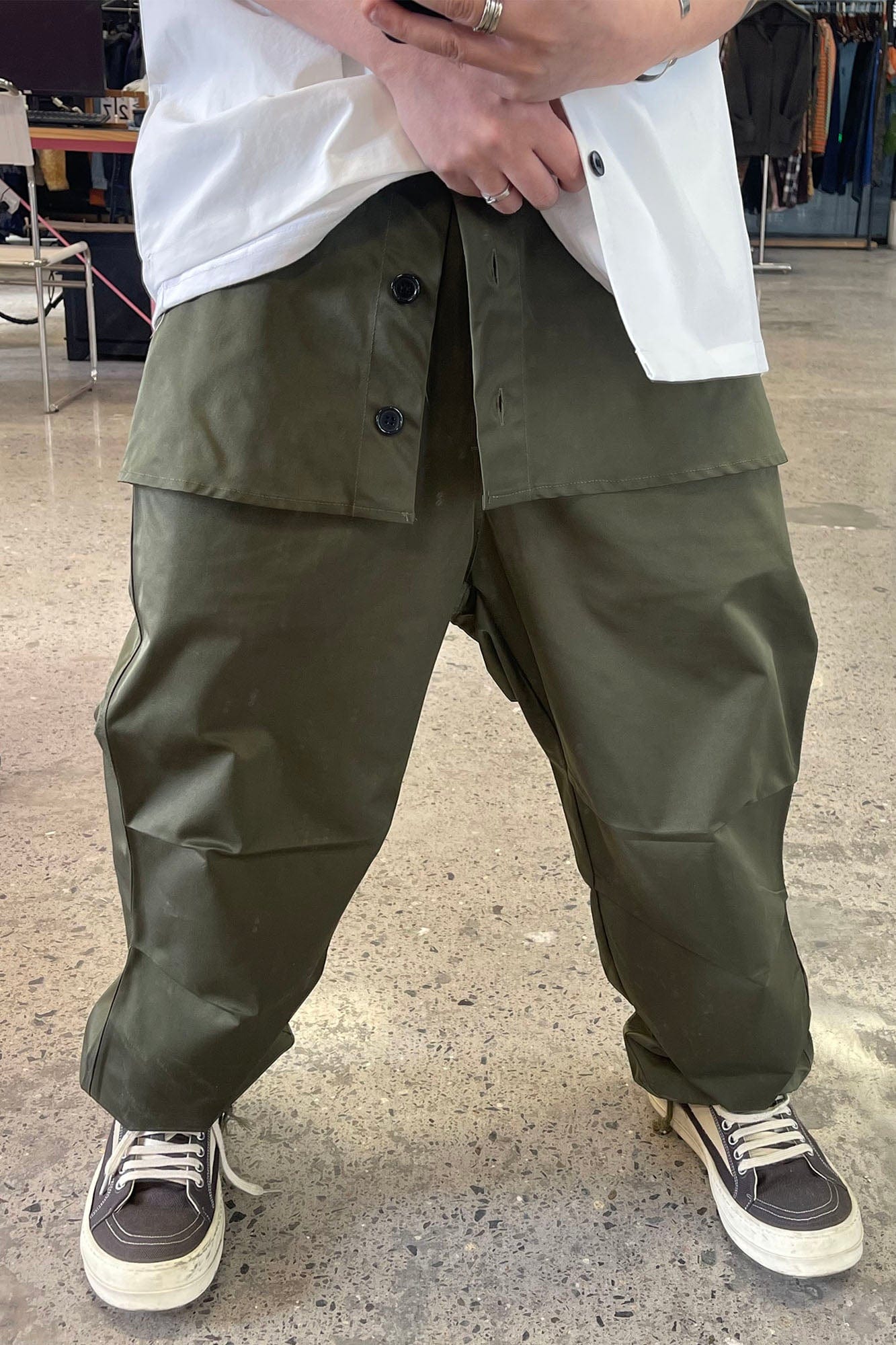ME DA IGUAL Layered Fold-Over Straight-Leg Pants, premium urban and streetwear designers apparel on PROJECTISR.com, ME DA IGUAL