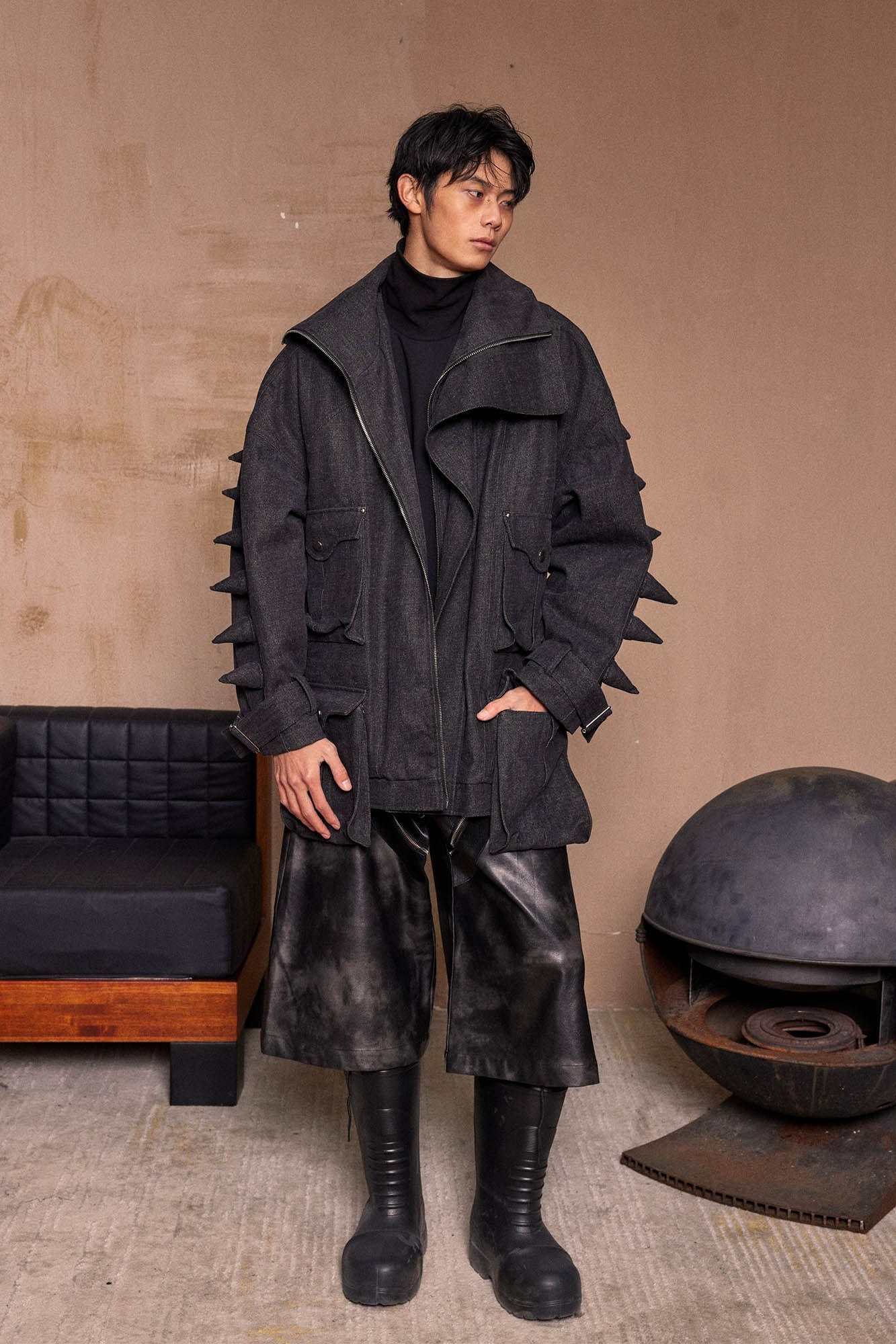 KADAKADA Spiked Multi-Pocket Denim Jacket, premium urban and streetwear designers apparel on PROJECTISR.com, KADAKADA