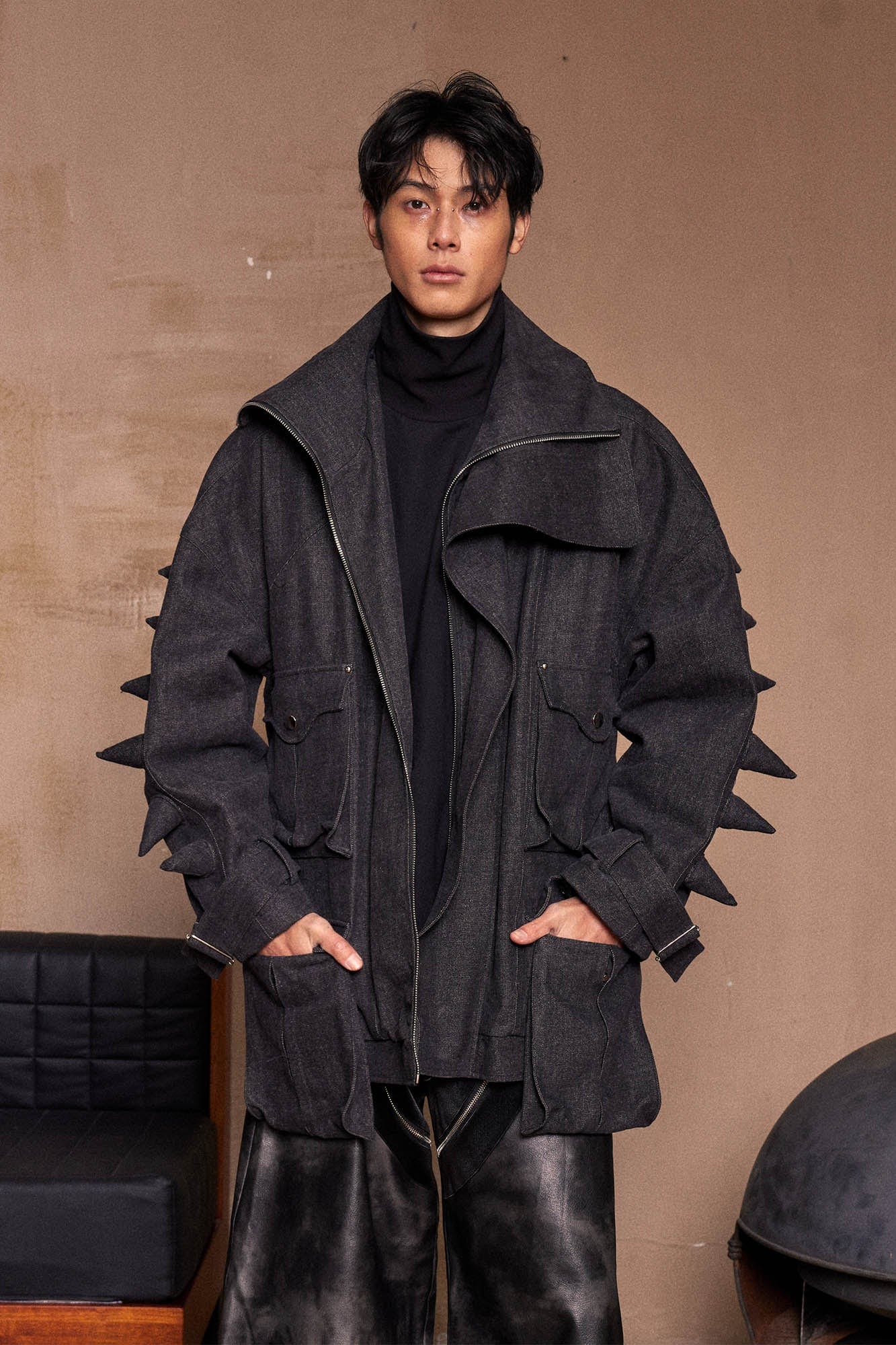 KADAKADA Spiked Multi-Pocket Denim Jacket, premium urban and streetwear designers apparel on PROJECTISR.com, KADAKADA