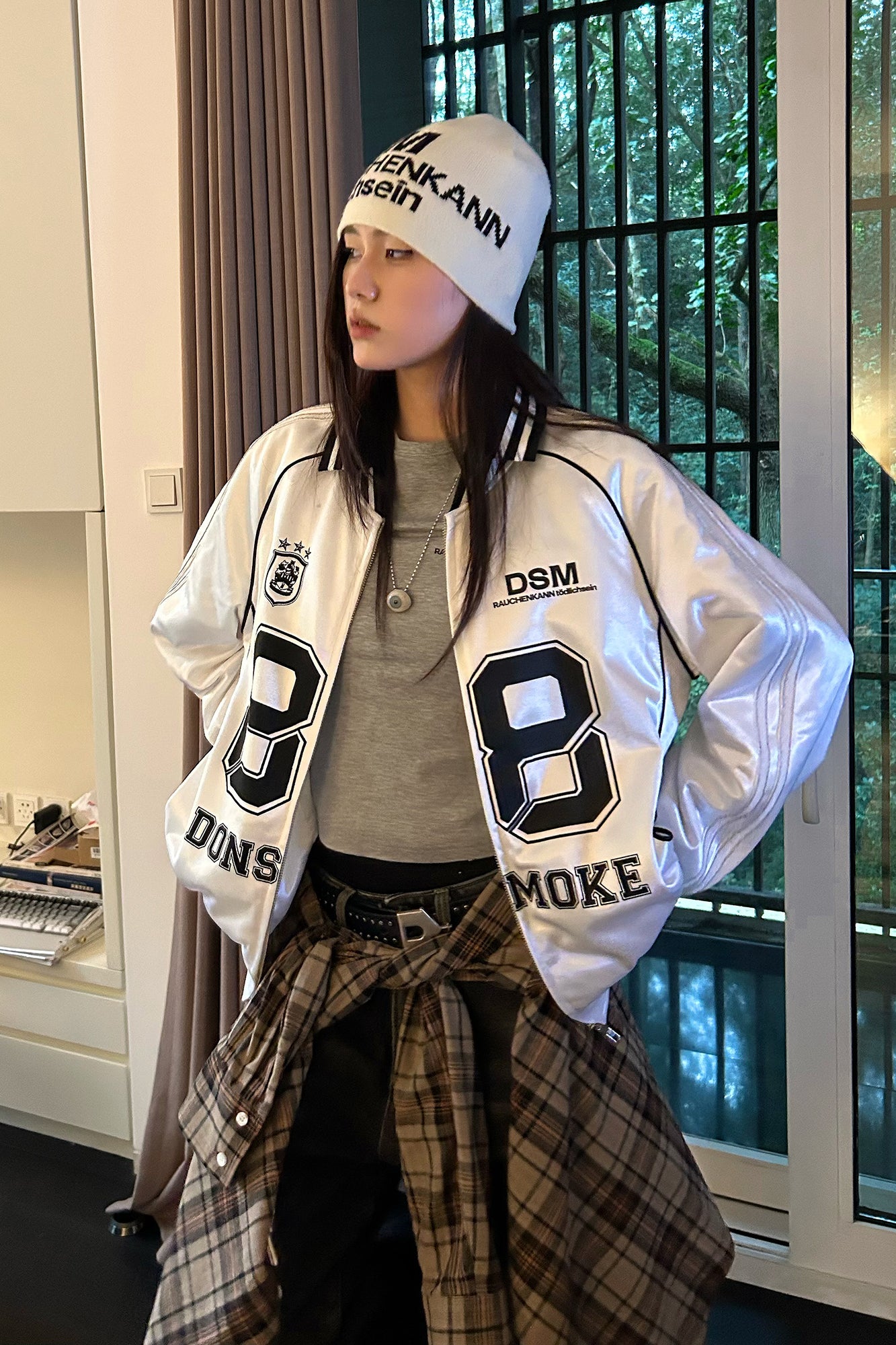 DONSMOKE Glossy Contrast Graphic Varsity Jacket