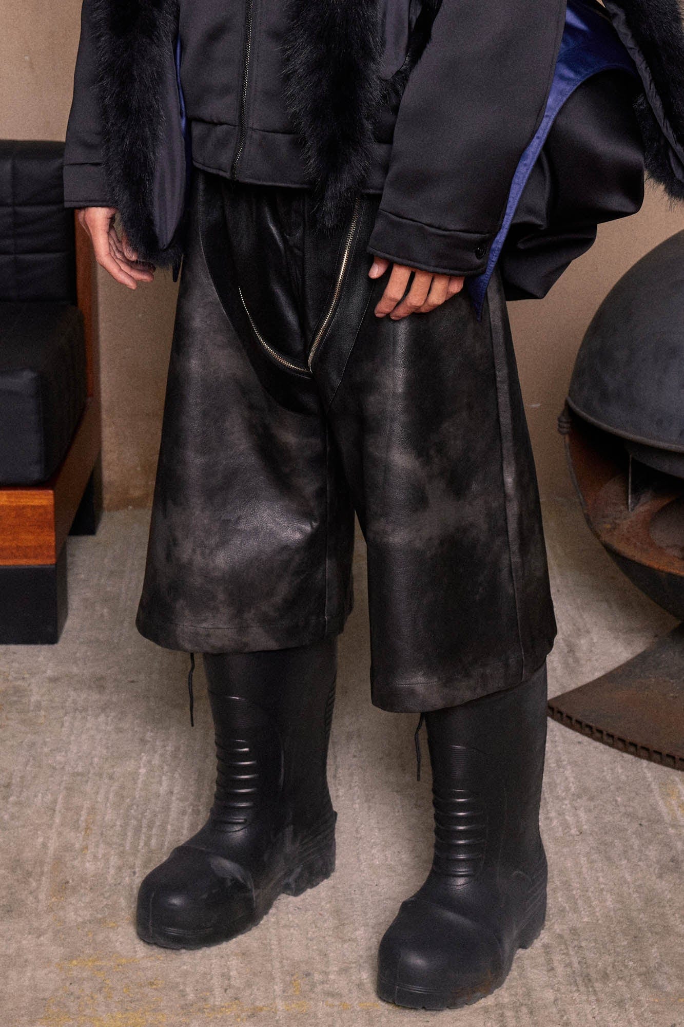 KADAKADA Distressed Curved Zipper PU Oversized Shorts, premium urban and streetwear designers apparel on PROJECTISR.com, KADAKADA