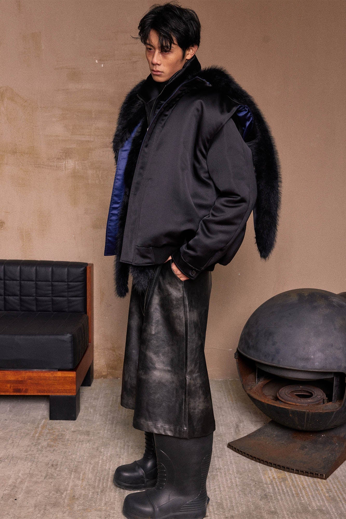 KADAKADA Distressed Curved Zipper PU Oversized Shorts, premium urban and streetwear designers apparel on PROJECTISR.com, KADAKADA