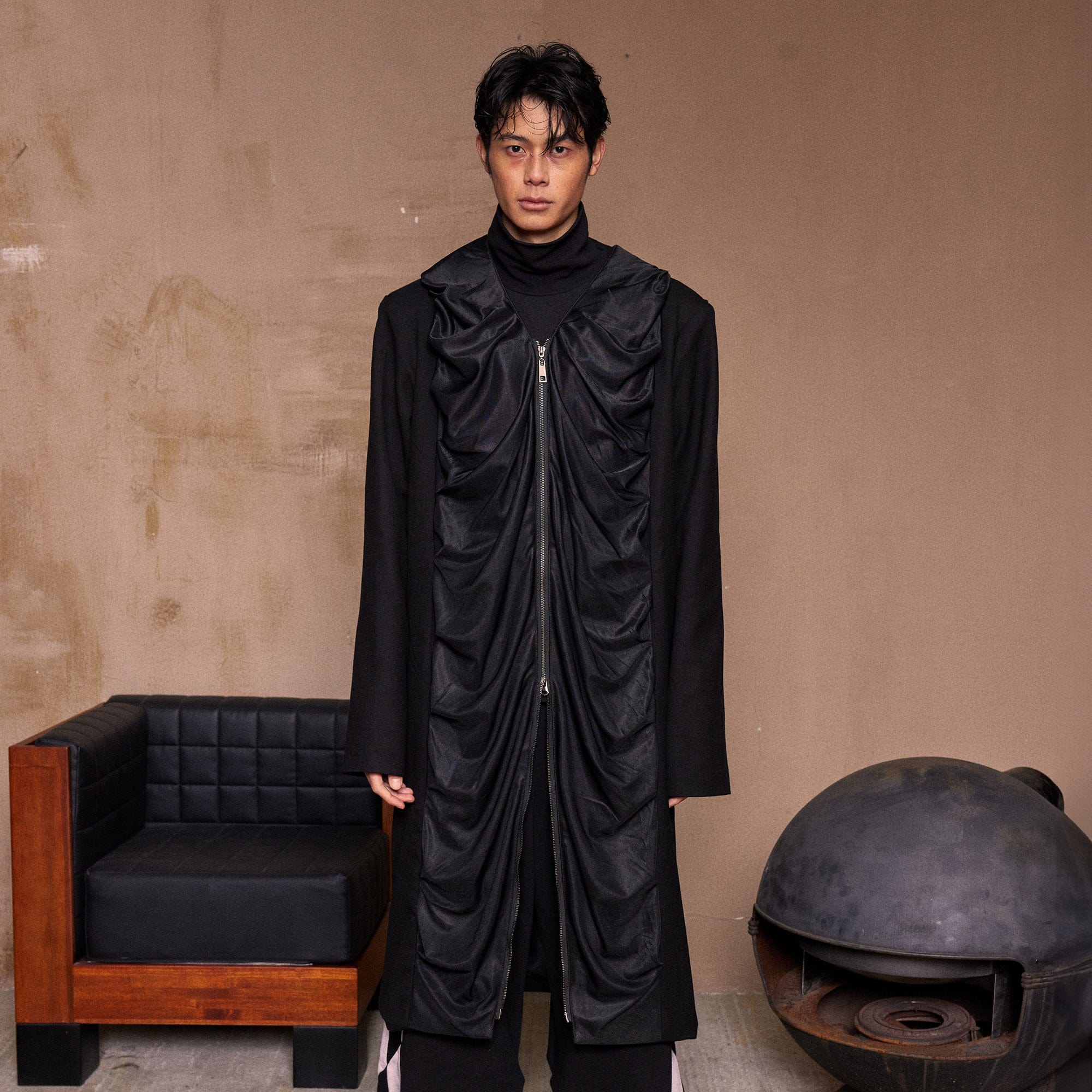 KADAKADA Crinkled Hooded Longline Trench Coat, premium urban and streetwear designers apparel on PROJECTISR.com, KADAKADA