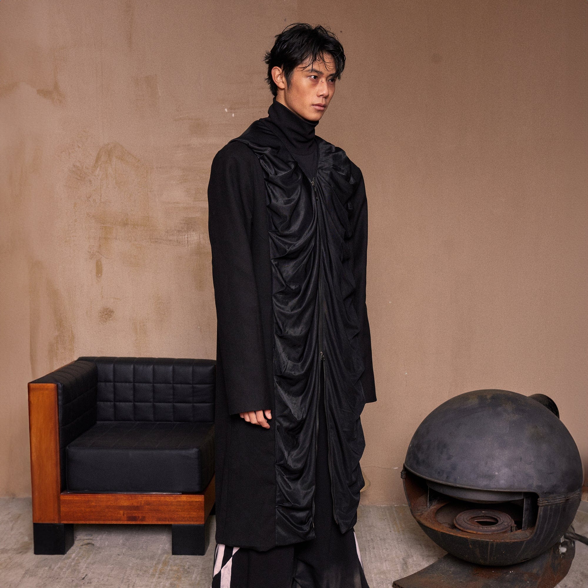 KADAKADA Crinkled Hooded Longline Trench Coat, premium urban and streetwear designers apparel on PROJECTISR.com, KADAKADA
