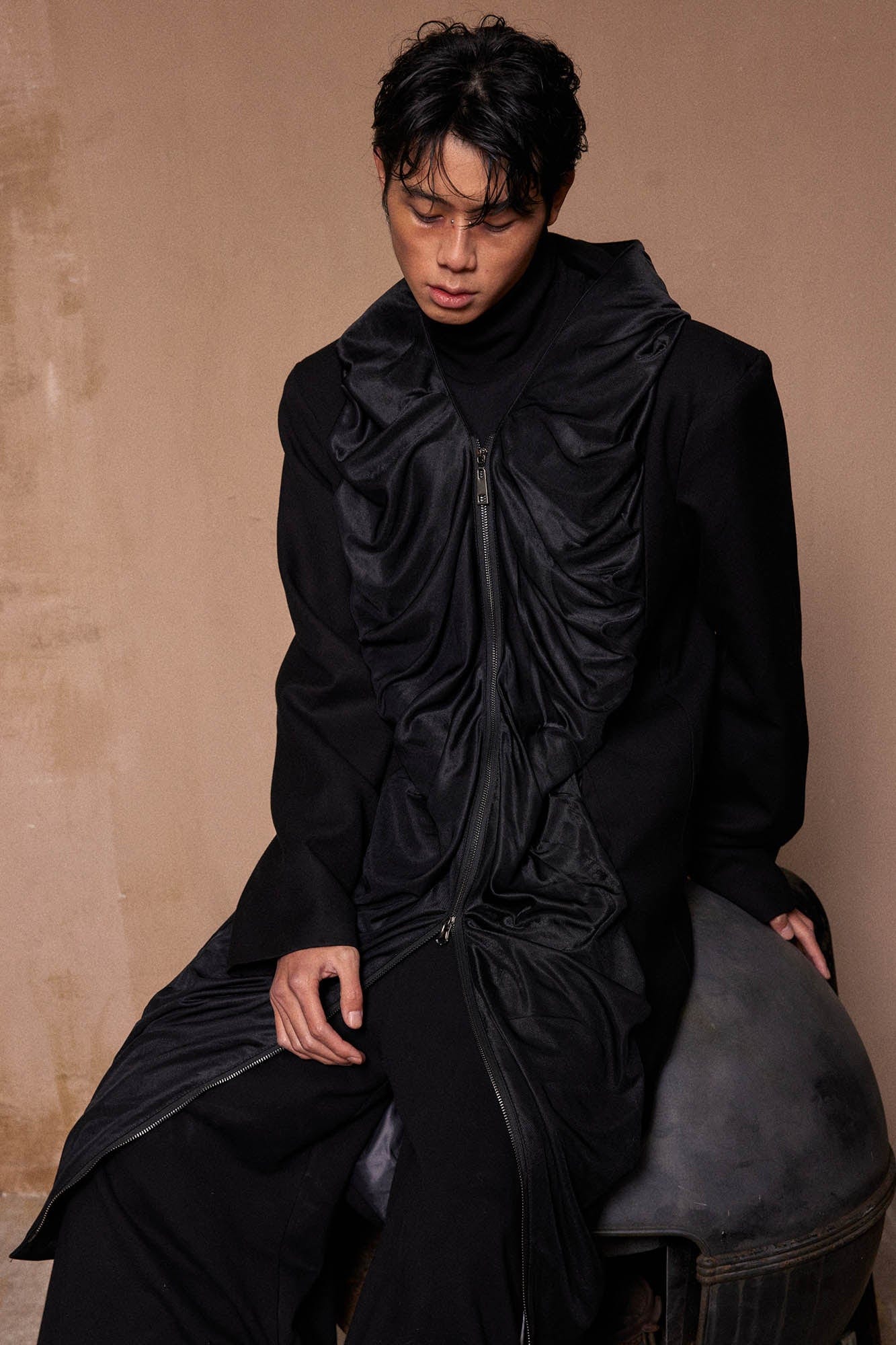 KADAKADA Crinkled Hooded Longline Trench Coat, premium urban and streetwear designers apparel on PROJECTISR.com, KADAKADA