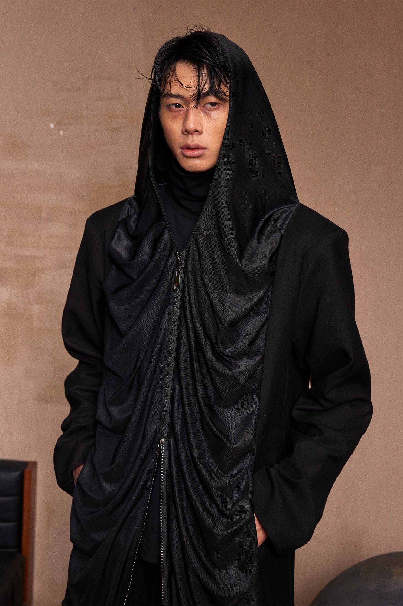 KADAKADA Crinkled Hooded Longline Trench Coat, premium urban and streetwear designers apparel on PROJECTISR.com, KADAKADA
