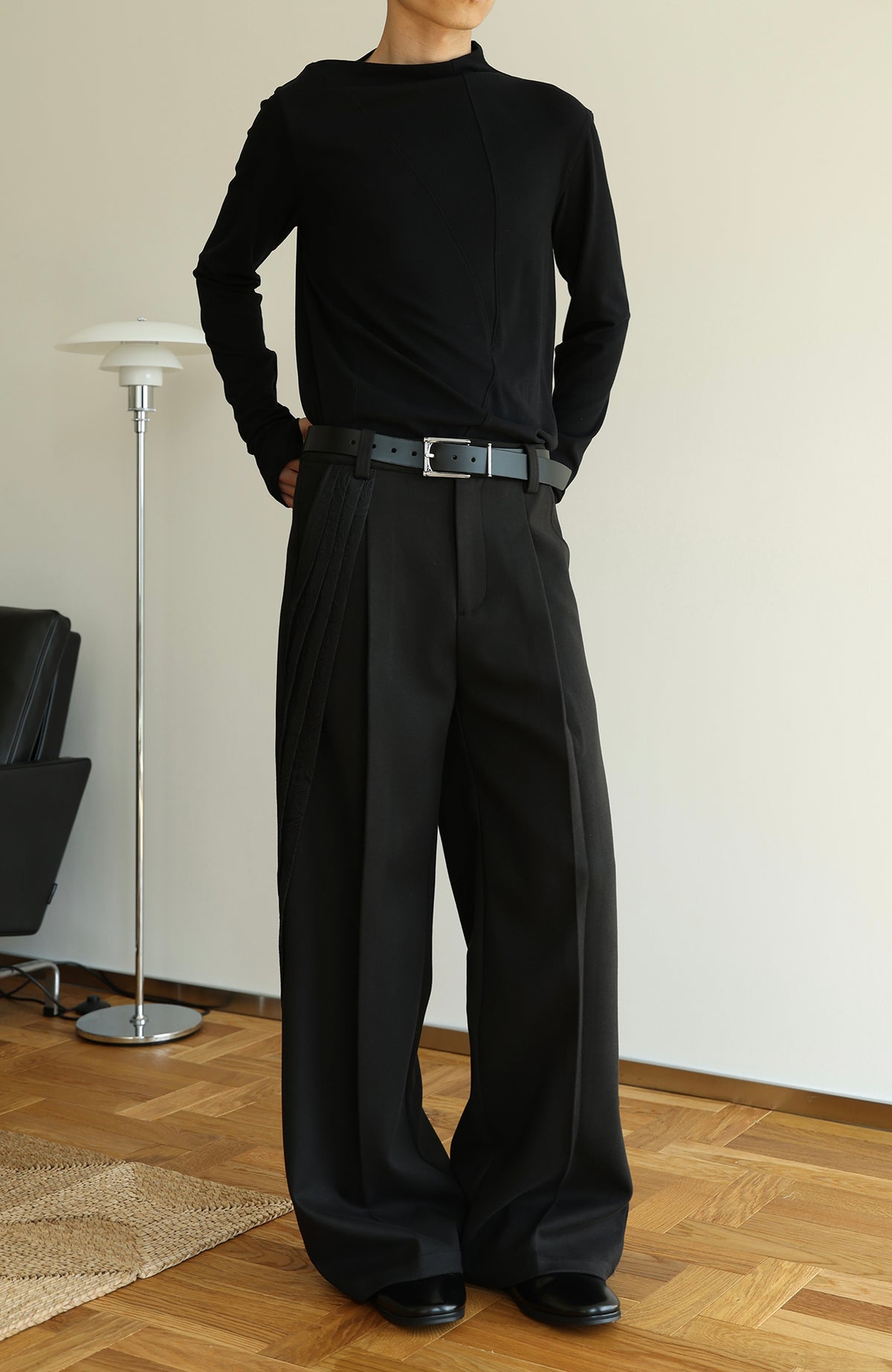 OKAYTHXBYE Pleated Paneled Wide-Leg Wool-Blend Trousers