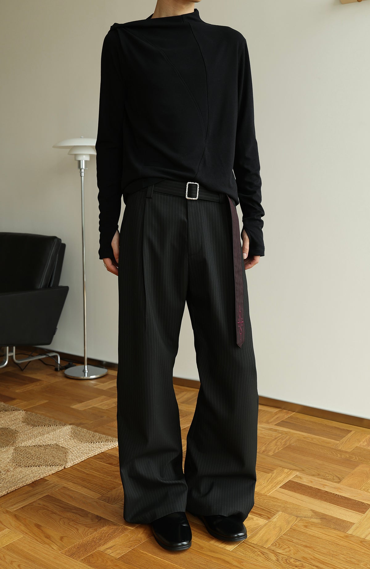 OKAYTHXBYE Striped Embroidered Belted Straight-Leg Trousers