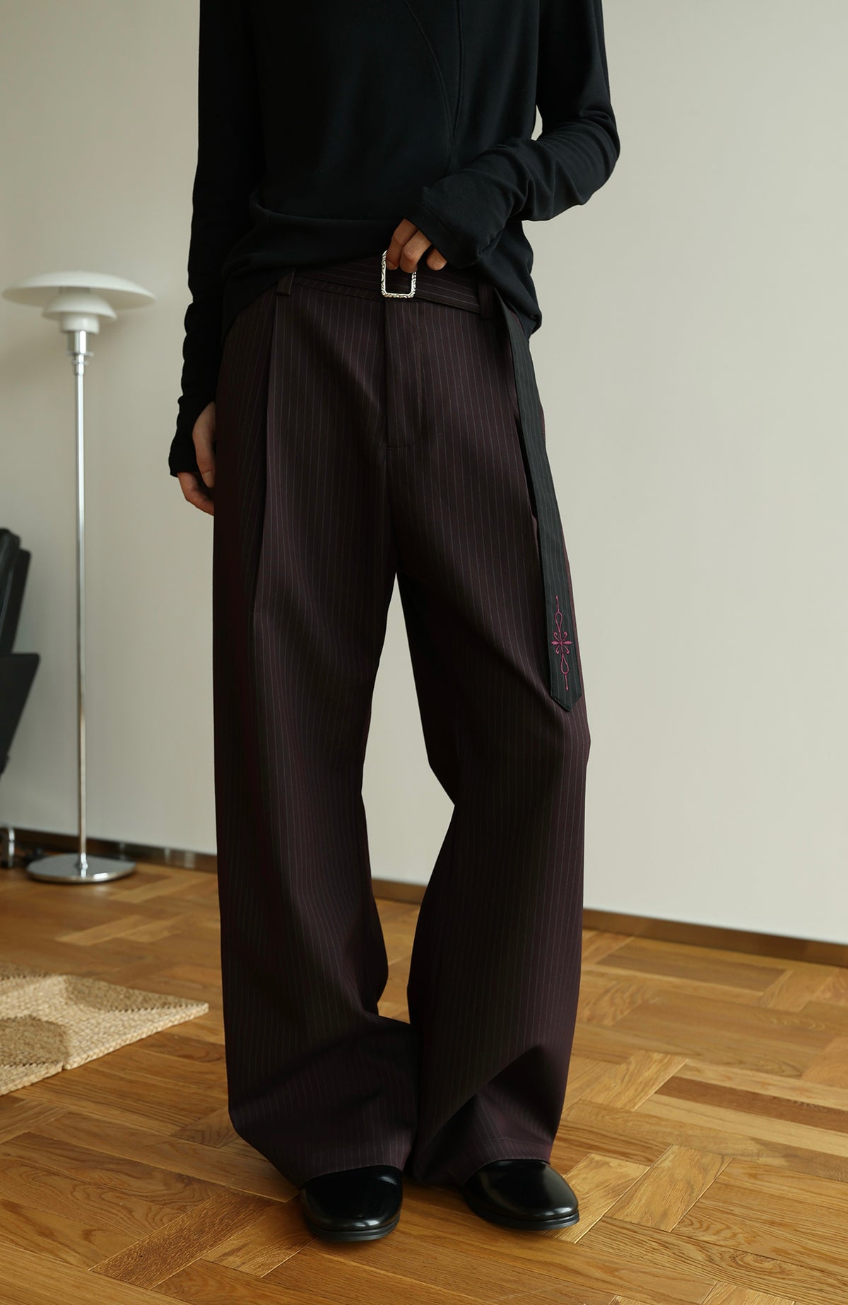 OKAYTHXBYE Striped Embroidered Belted Straight-Leg Trousers