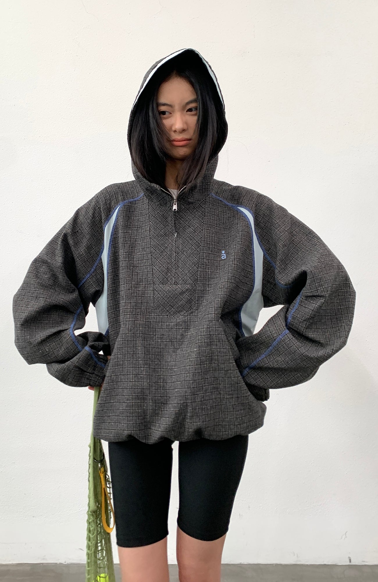 ROARINGWILD A ARCH Plaid Paneled Half-Zip Hooded Jacket