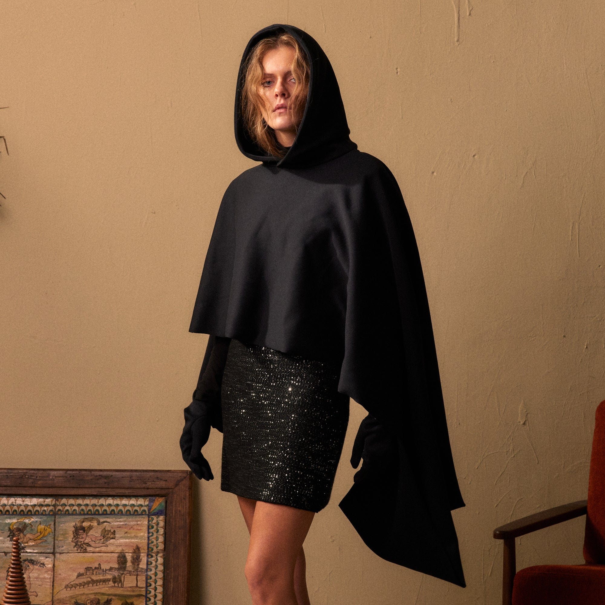 KADAKADA Hooded Glove-Sleeve Cropped Cape, premium urban and streetwear designers apparel on PROJECTISR.com, KADAKADA