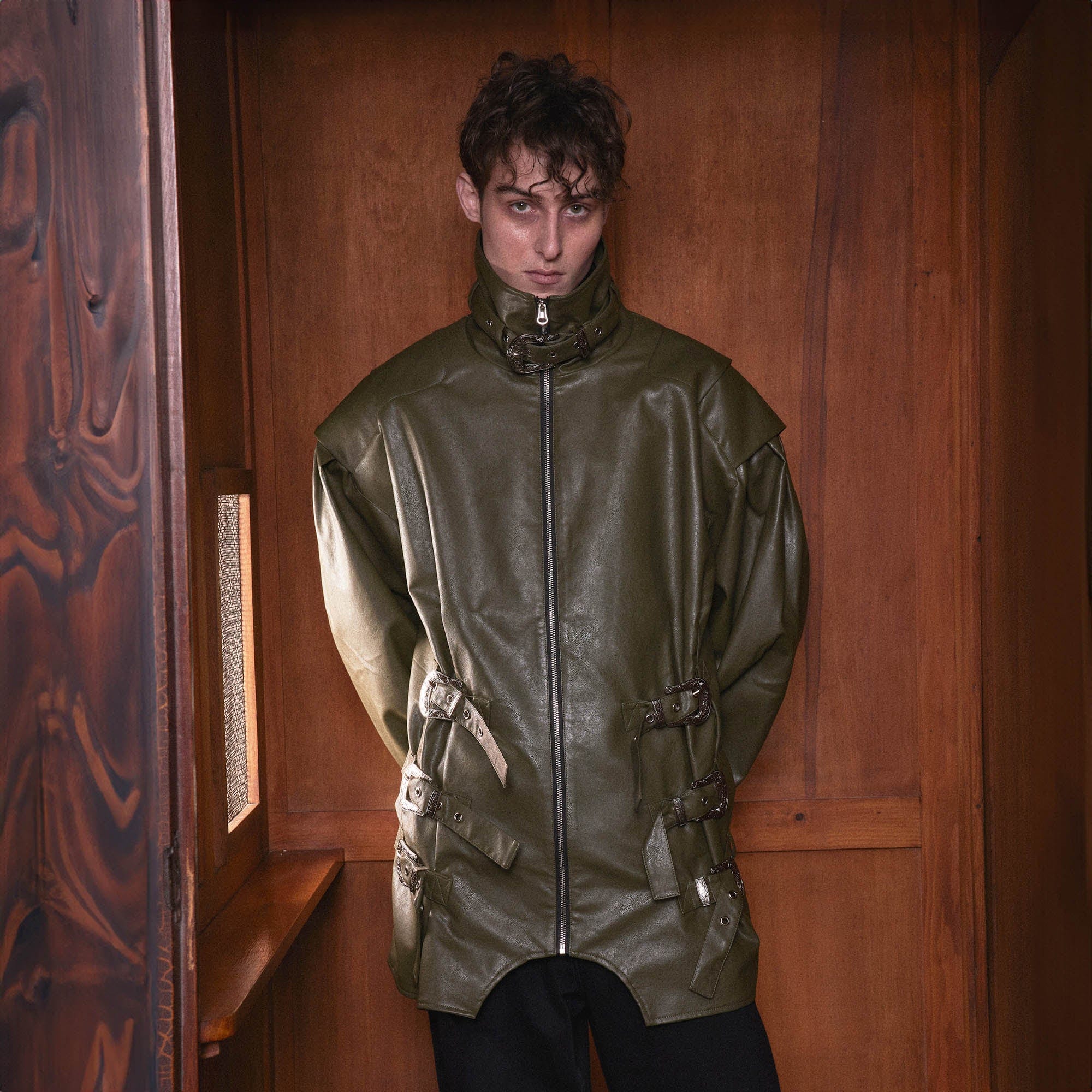 KADAKADA Multi-Buckle High-Neck Faux Leather Jacket, premium urban and streetwear designers apparel on PROJECTISR.com, KADAKADA