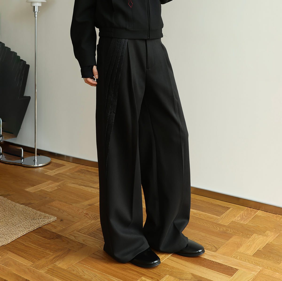 OKAYTHXBYE Pleated Paneled Wide-Leg Wool-Blend Trousers